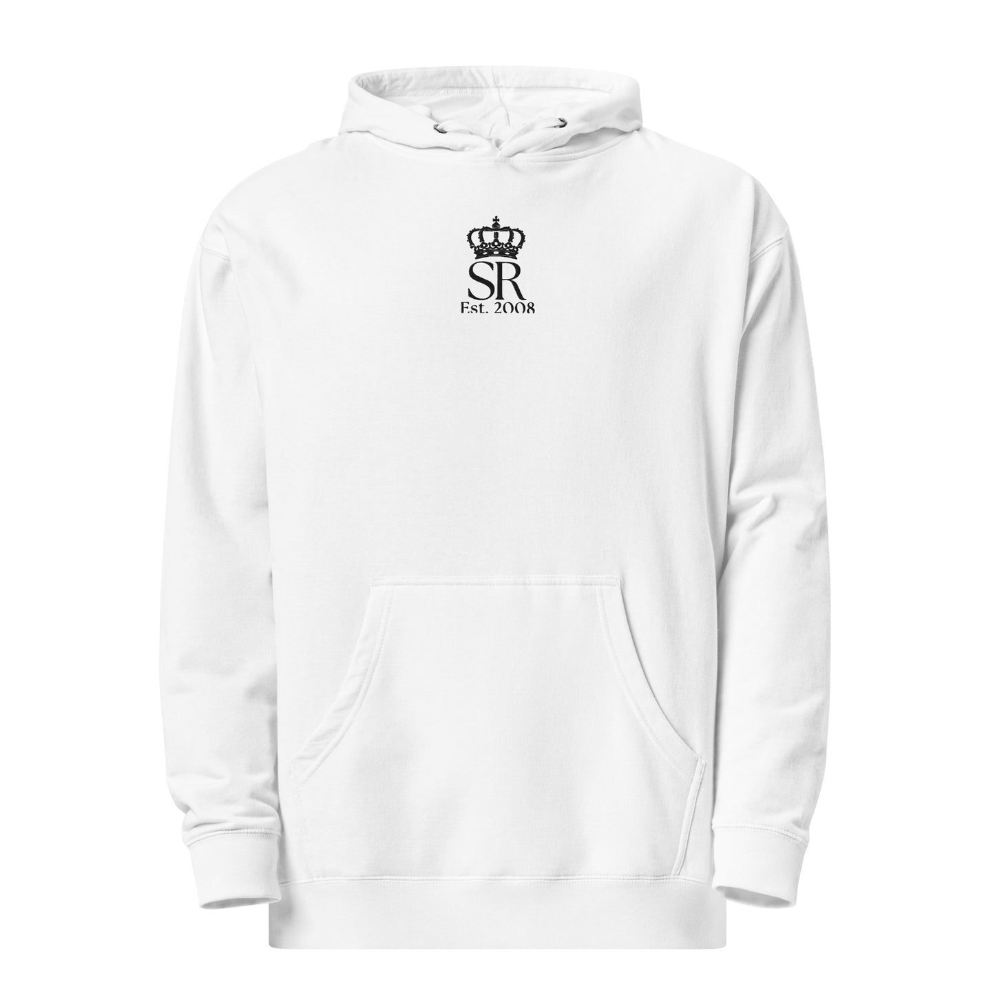 THSR Adult Pullover Hoodie with Center-Chest Logo – White Pullover Hoodies Featuring Black "SR Est. 2008" under a crown Design for Adults