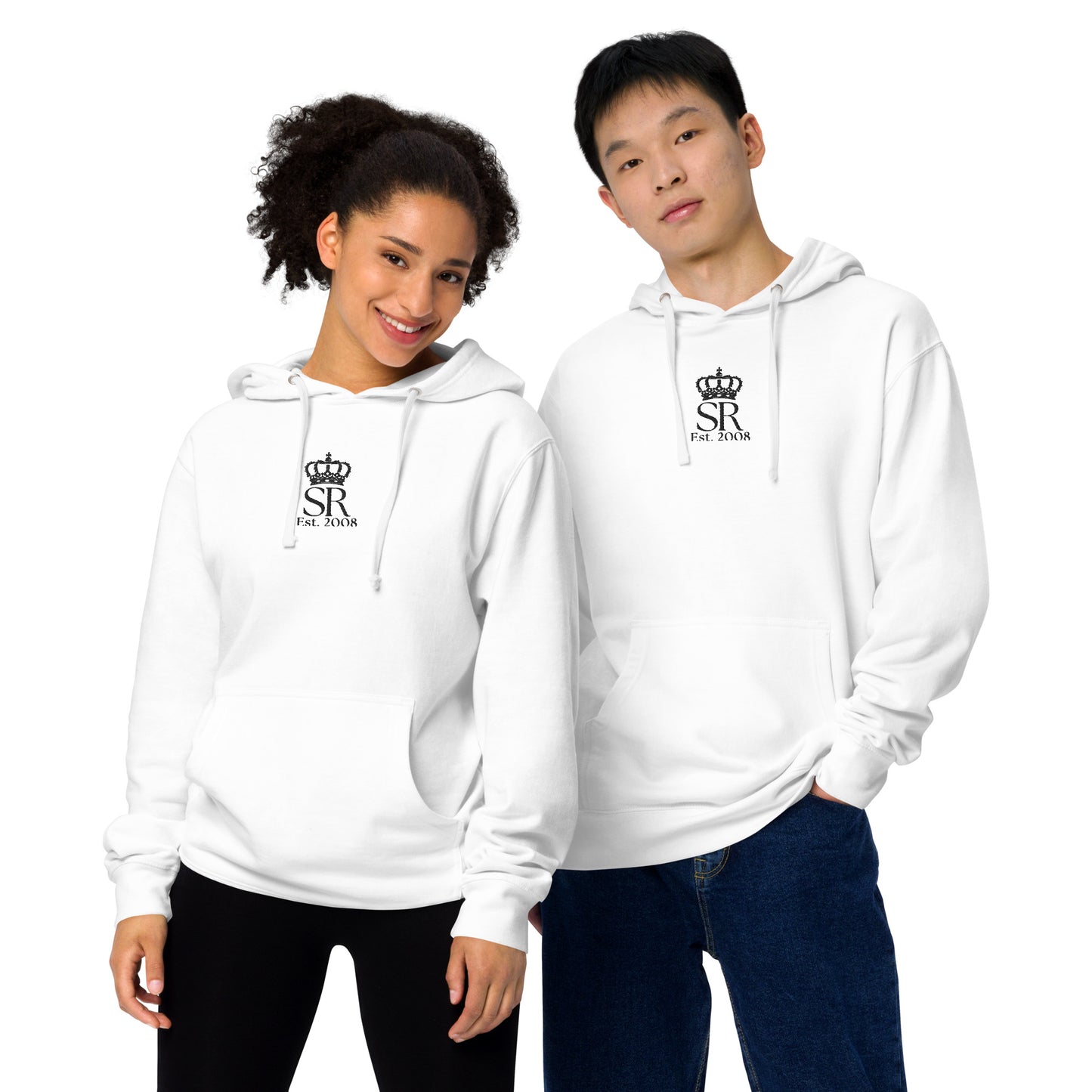 THSR Adult Pullover Hoodie with Center-Chest Logo – White Pullover Hoodies Featuring Black "SR Est. 2008" under a crown Design for Adults