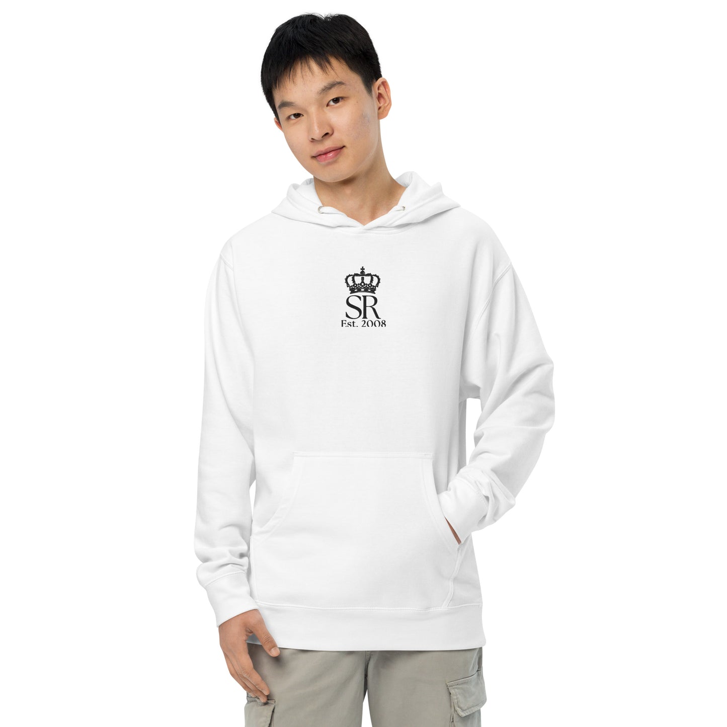 THSR Adult Pullover Hoodie with Center-Chest Logo – White Pullover Hoodies Featuring Black "SR Est. 2008" under a crown Design for Adults