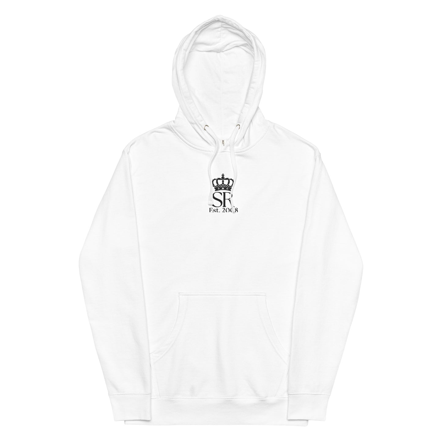 THSR Adult Pullover Hoodie with Center-Chest Logo – White Pullover Hoodies Featuring Black "SR Est. 2008" under a crown Design for Adults