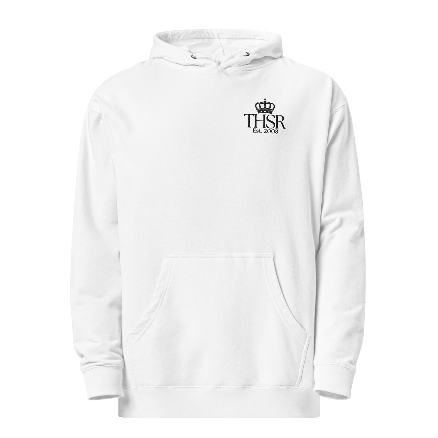 THSR Adult Pullover Hoodie with Left-Chest Logo – White Pullover Hoodies Featuring Black "THSR Est. 2008" under a crown Design for Adults