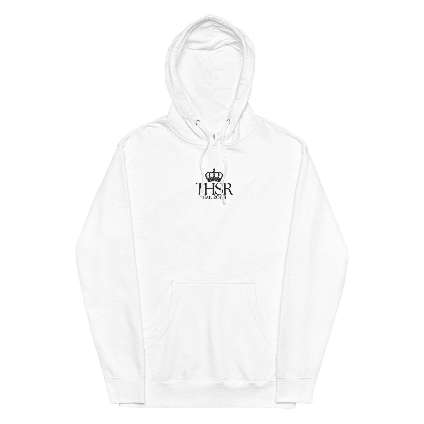 THSR Adult Pullover Hoodie with Center-Chest Logo – White Pullover Hoodies Featuring Black "THSR Est. 2008" under a crown Design for Adults