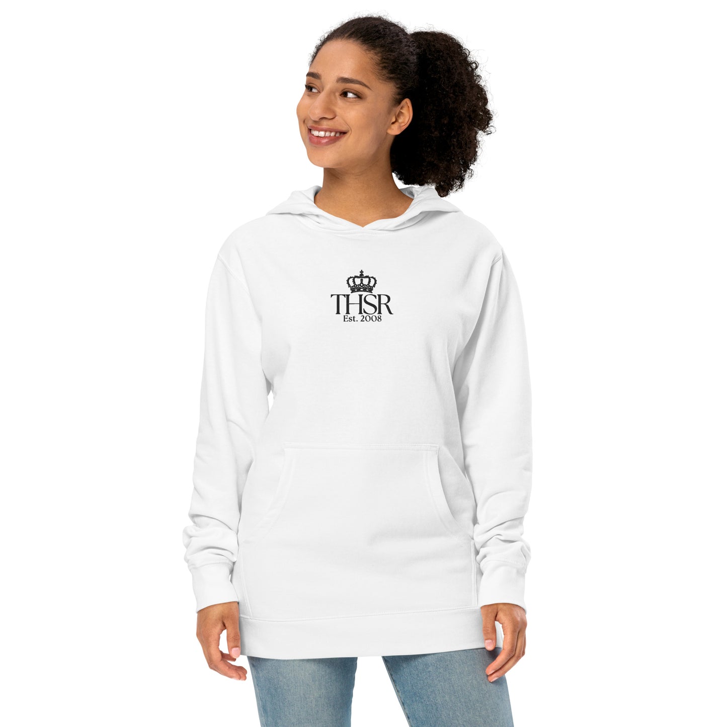 THSR Adult Pullover Hoodie with Center-Chest Logo – White Pullover Hoodies Featuring Black "THSR Est. 2008" under a crown Design for Adults