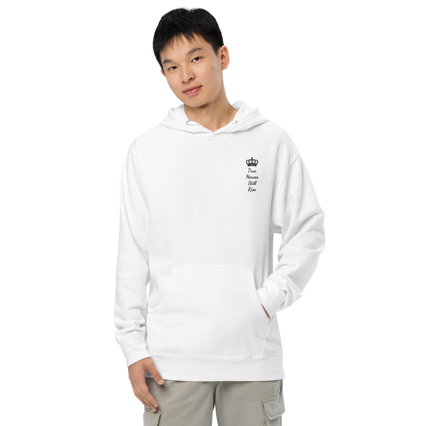 THSR Adult Pullover Hoodie with Left-Chest Logo – White Pullover Hoodies Featuring Black "True Heroes Still Rise" under a crown Design for Adults