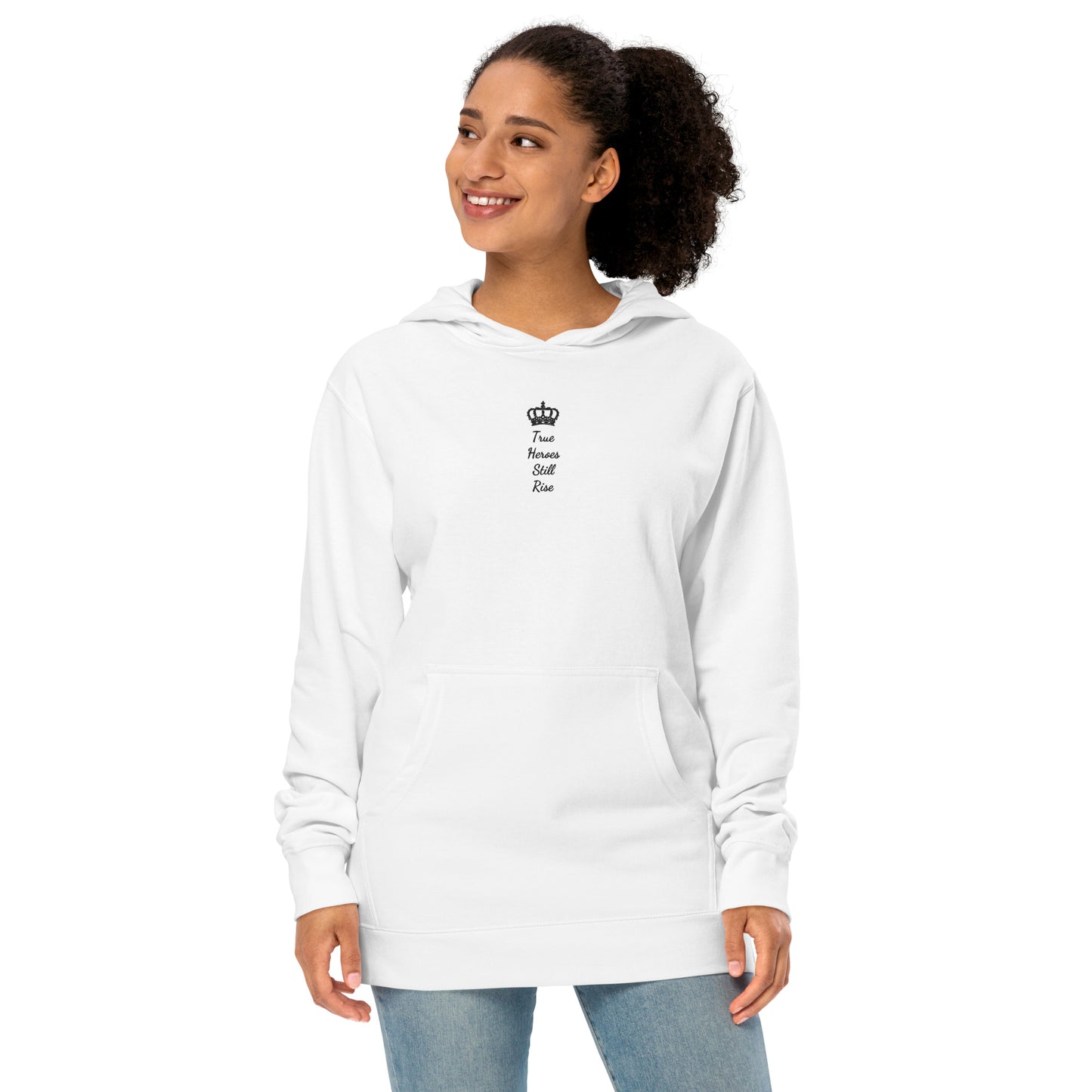 THSR Adult Pullover Hoodie with Center-Chest Logo – White Pullover Hoodies Featuring Black "True Heroes Still Rise" under a crown Design for Adults