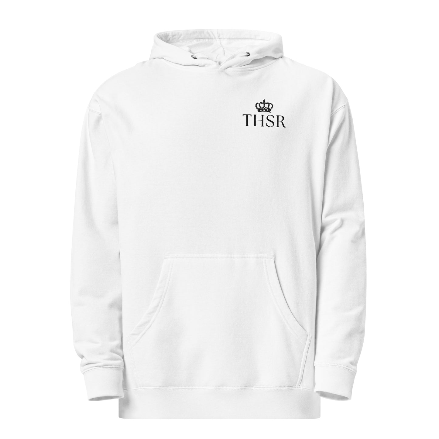 THSR Adult Pullover Hoodie with Left-Chest Logo – White Pullover Hoodies Featuring Black "THSR" under a crown Design for Adults