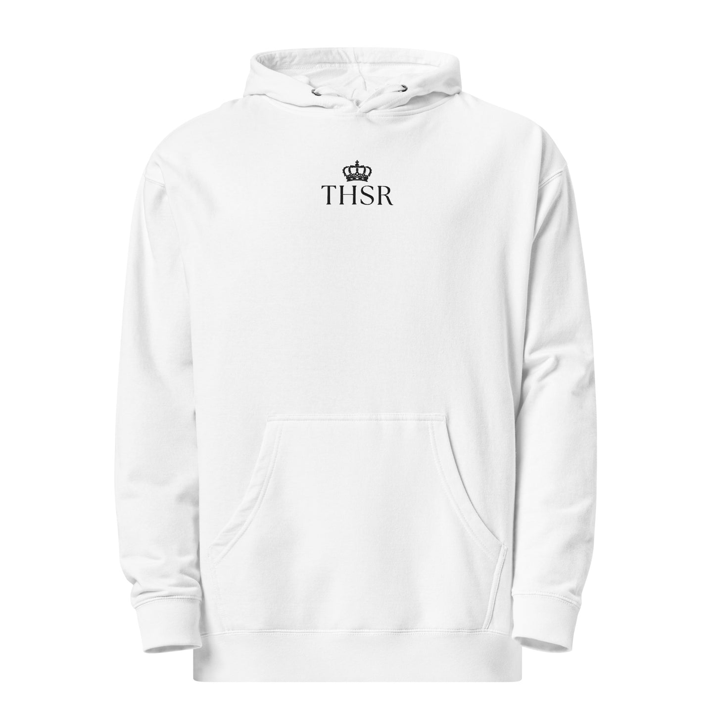 THSR Adult Pullover Hoodie with Center-Chest Logo – White Pullover Hoodies Featuring Black "THSR" under a crown Design for Adults