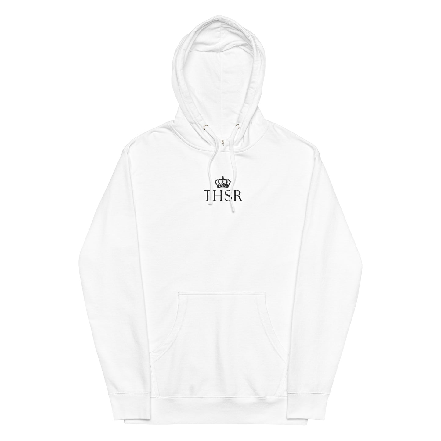 THSR Adult Pullover Hoodie with Center-Chest Logo – White Pullover Hoodies Featuring Black "THSR" under a crown Design for Adults