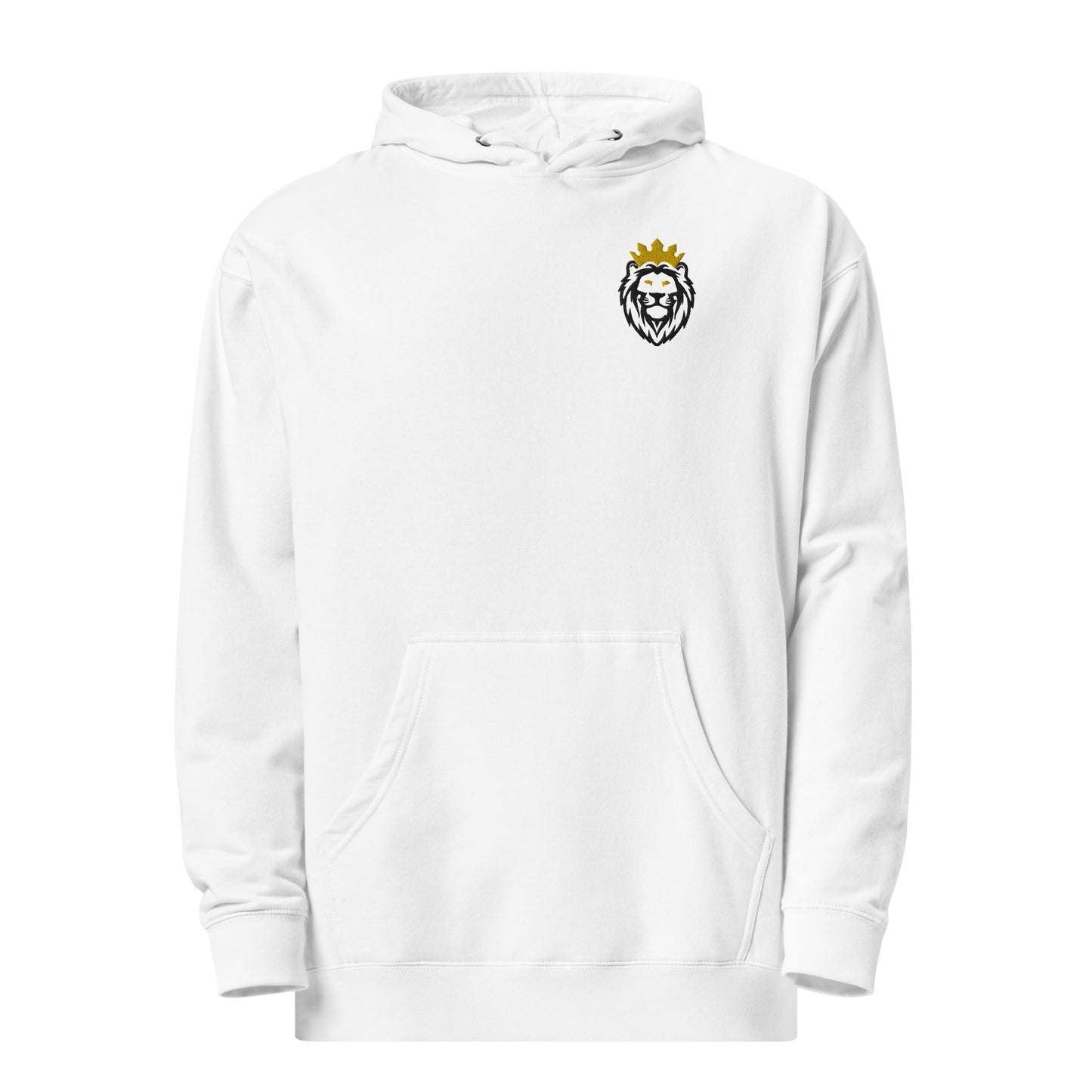 THSR Adult Pullover Hoodie with Left-Chest Logo – White Pullover Hoodies Featuring Black & Gold THSR KING Lion wearing a crown Design for Adults