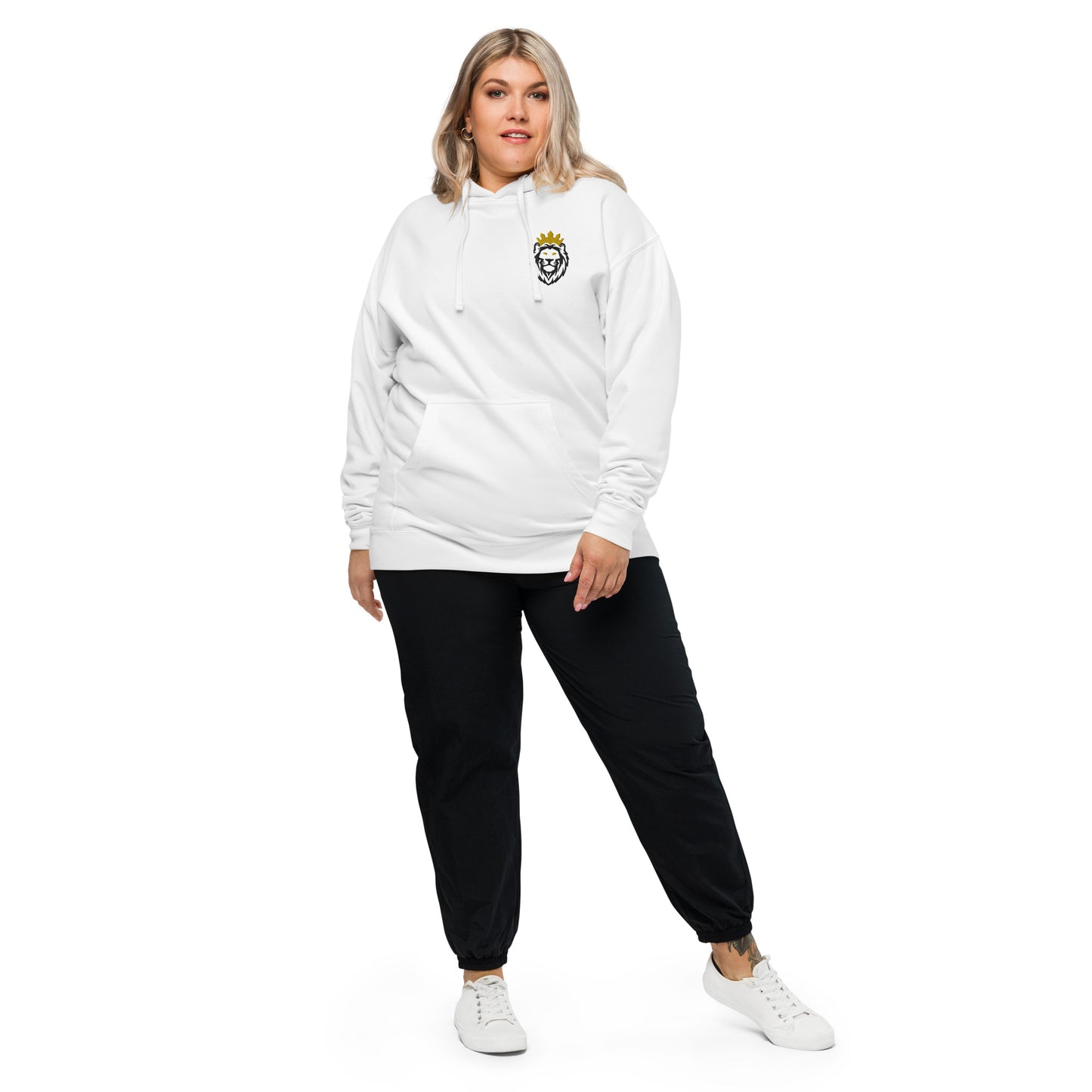 THSR Adult Pullover Hoodie with Left-Chest Logo – White Pullover Hoodies Featuring Black & Gold THSR KING Lion wearing a crown Design for Adults