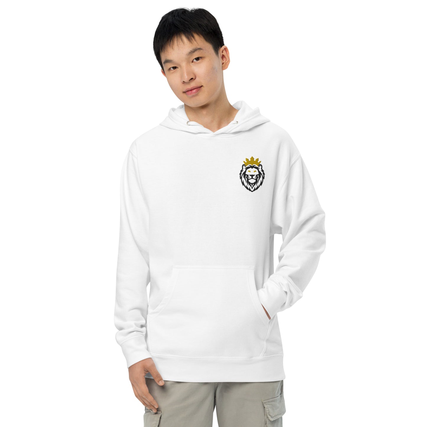 THSR Adult Pullover Hoodie with Left-Chest Logo – White Pullover Hoodies Featuring Black & Gold THSR KING Lion wearing a crown Design for Adults