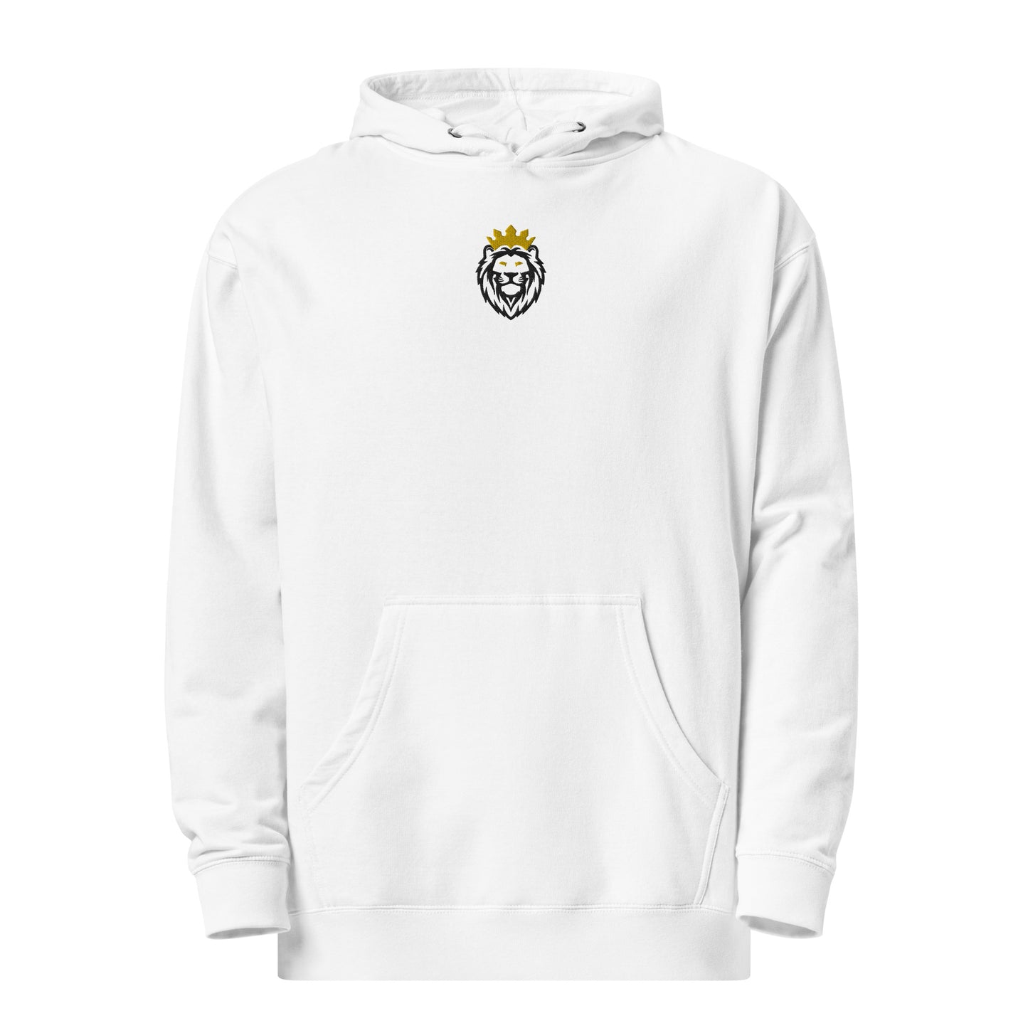 THSR Adult Pullover Hoodie with Center-Chest Logo – White Pullover Hoodies Featuring Black & Gold THSR KING Lion wearing a crown Design for Adults