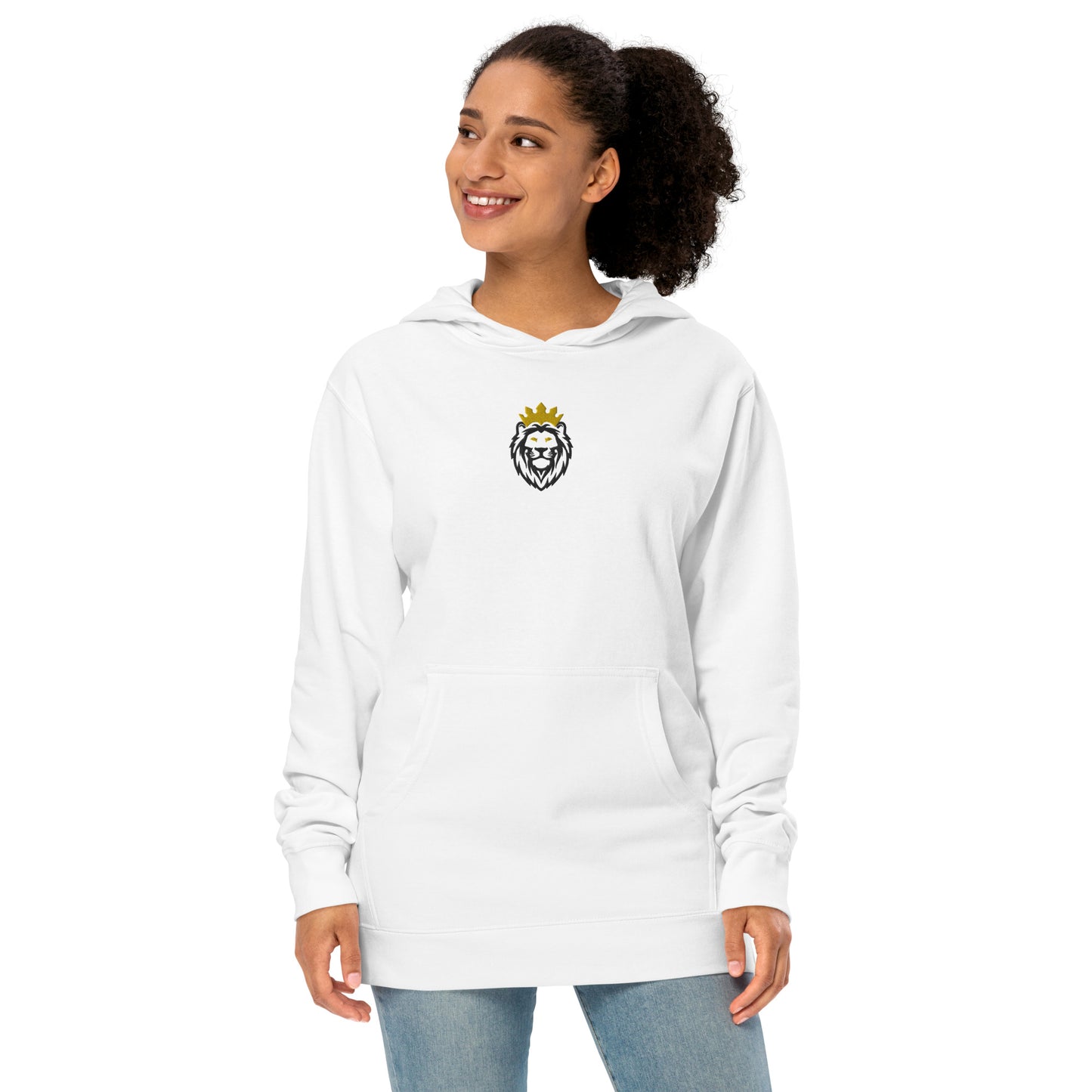 THSR Adult Pullover Hoodie with Center-Chest Logo – White Pullover Hoodies Featuring Black & Gold THSR KING Lion wearing a crown Design for Adults