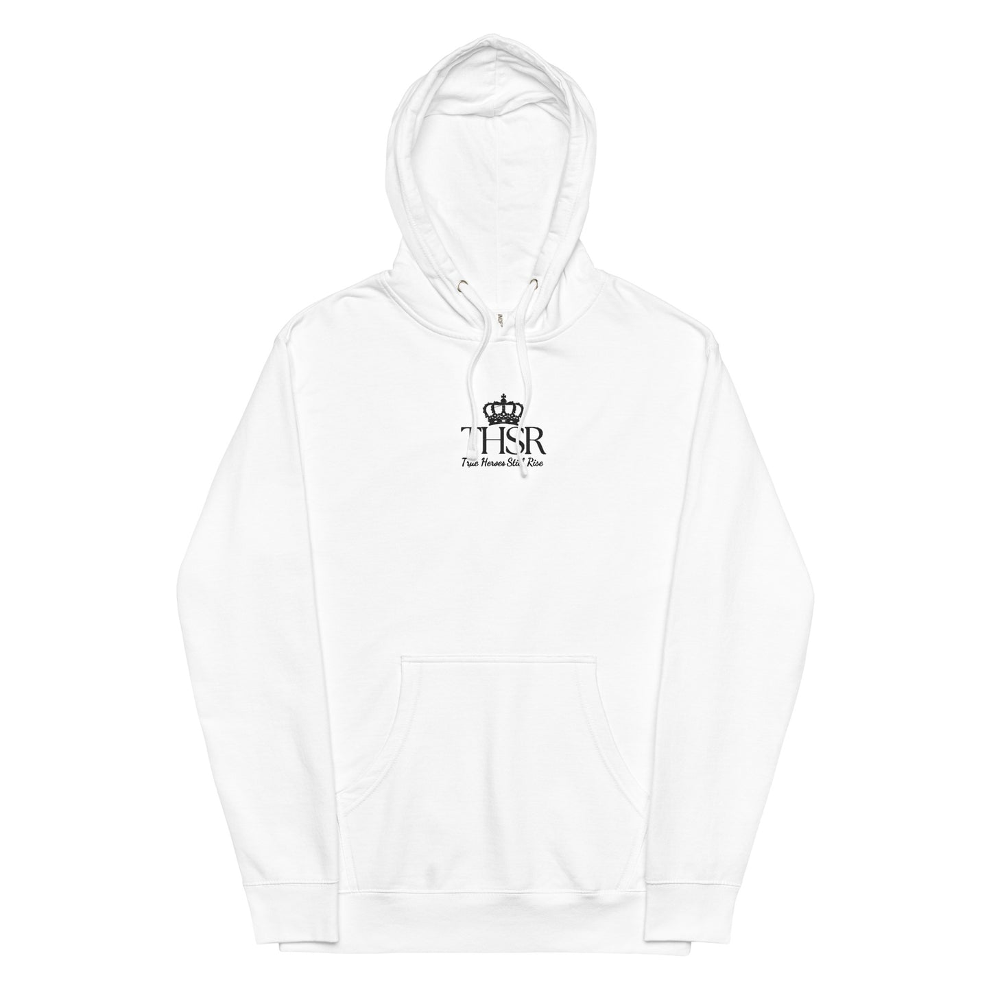 THSR Adult Pullover Hoodie with Center-Chest Logo – White Pullover Hoodies Featuring Black "THSR True Heroes Still Rise" under a crown Design for Adults