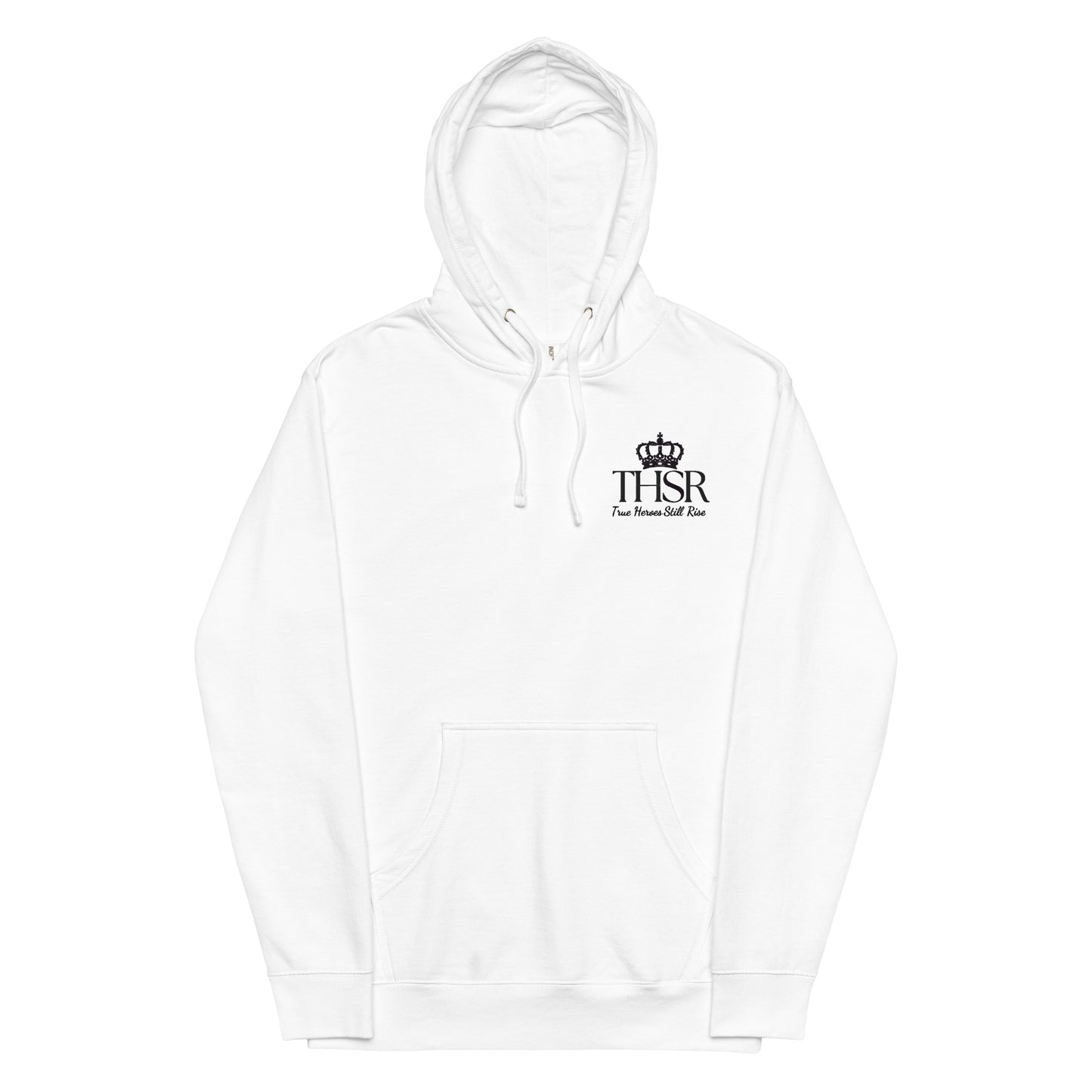 THSR Adult Pullover Hoodie with Left-Chest Logo – White Pullover Hoodies Featuring Black "THSR True Heroes Still Rise" under a crown Design for Adults