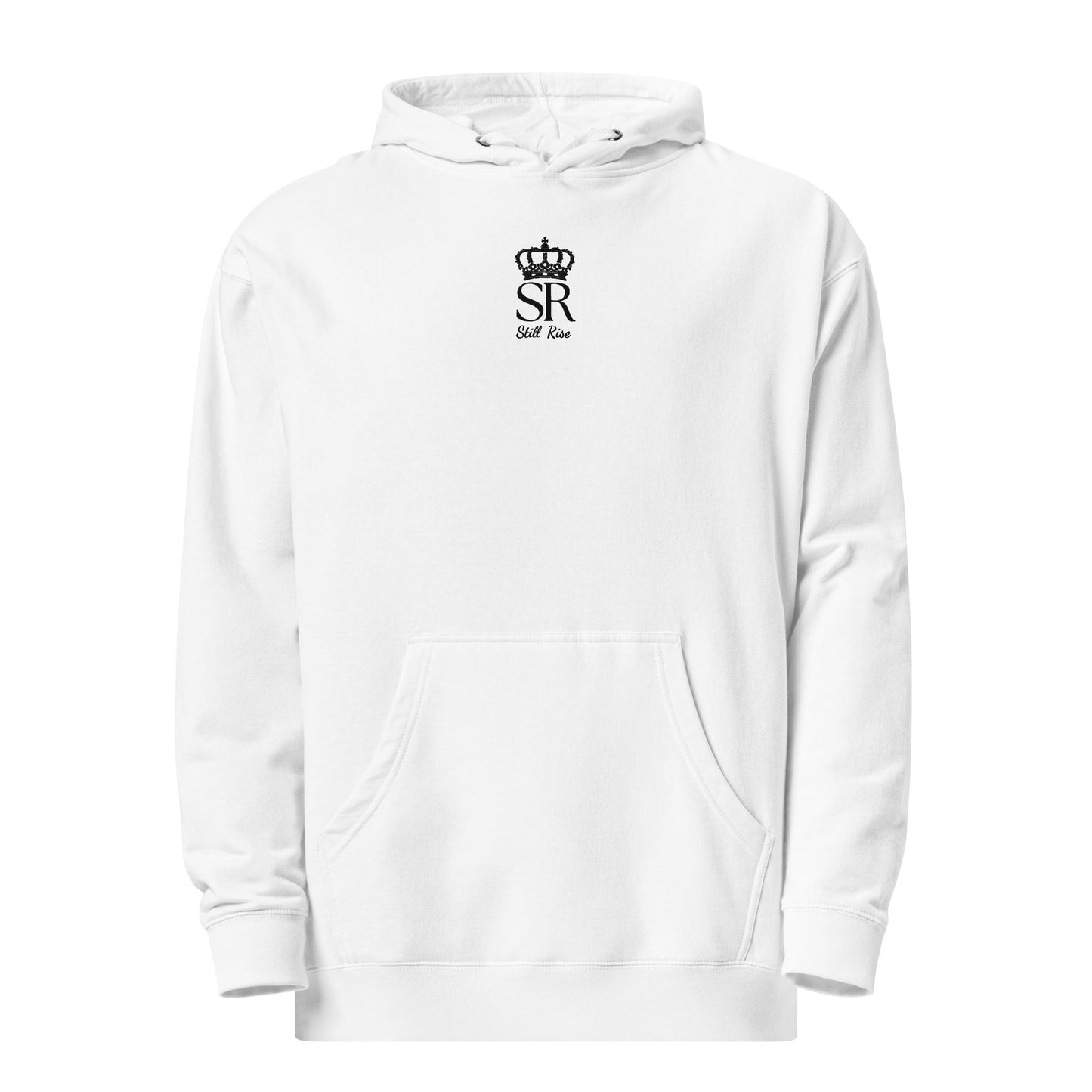 THSR Adult Pullover Hoodie with Center-Chest Logo – White Pullover Hoodies Featuring Black THSR "SR Still Rise" under a crown Design for Adults