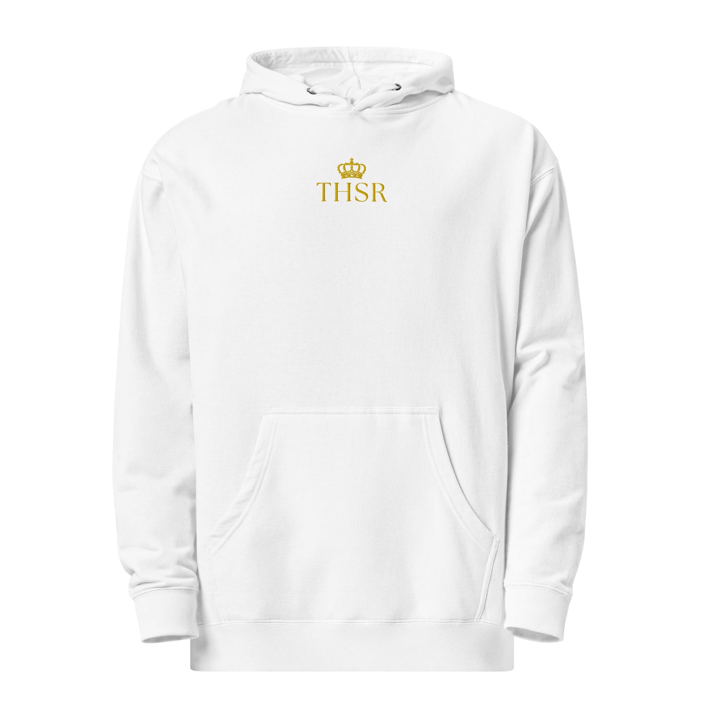 THSR Adult Pullover Hoodie with Center-Chest Logo – Black or White Pullover Hoodies Featuring Gold "THSR" under a crown Design for Adults