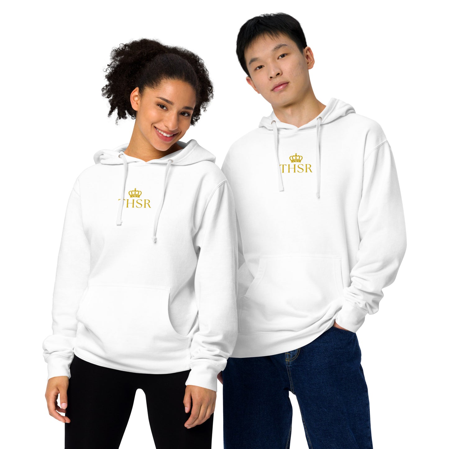 THSR Adult Pullover Hoodie with Center-Chest Logo – Black or White Pullover Hoodies Featuring Gold "THSR" under a crown Design for Adults