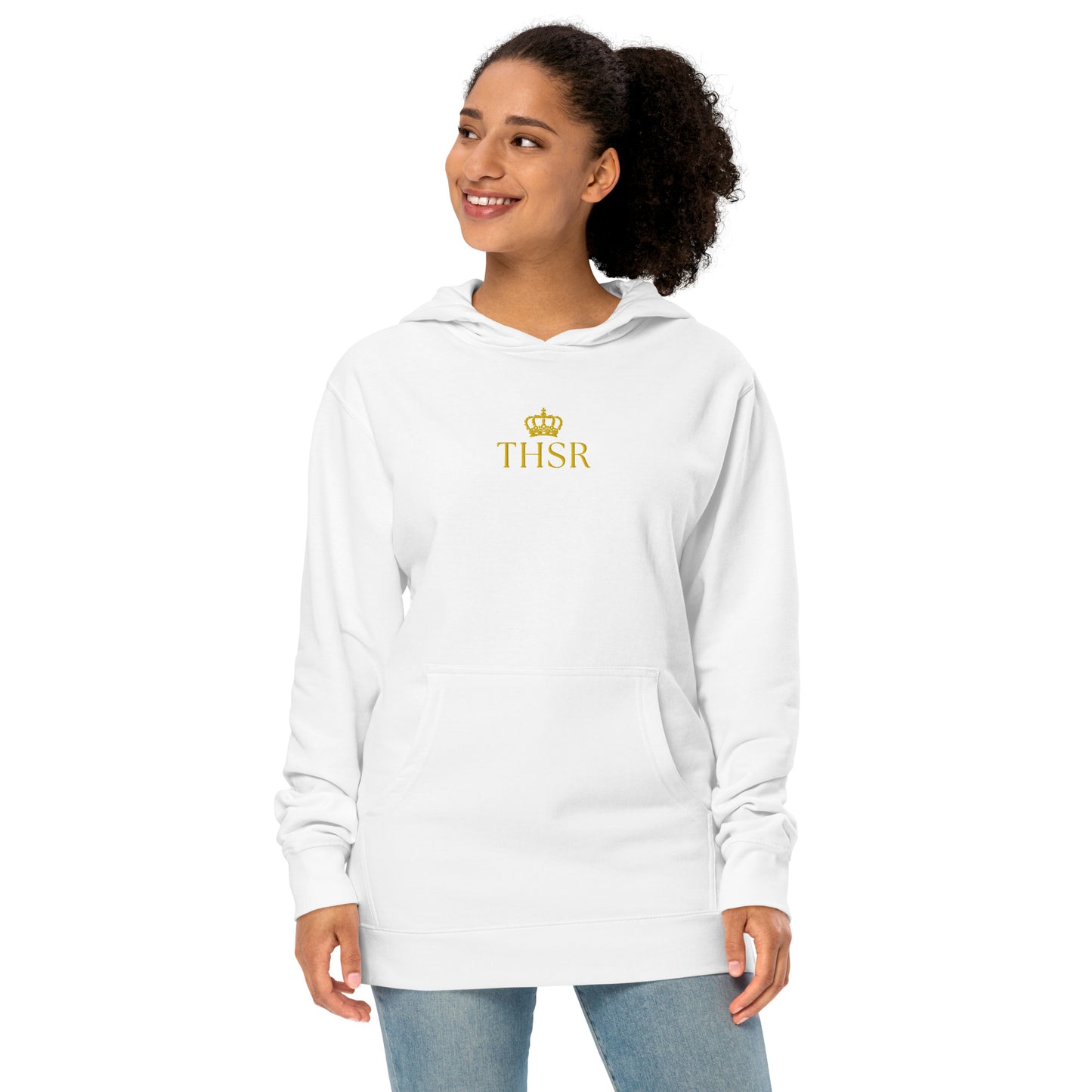 THSR Adult Pullover Hoodie with Center-Chest Logo – Black or White Pullover Hoodies Featuring Gold "THSR" under a crown Design for Adults