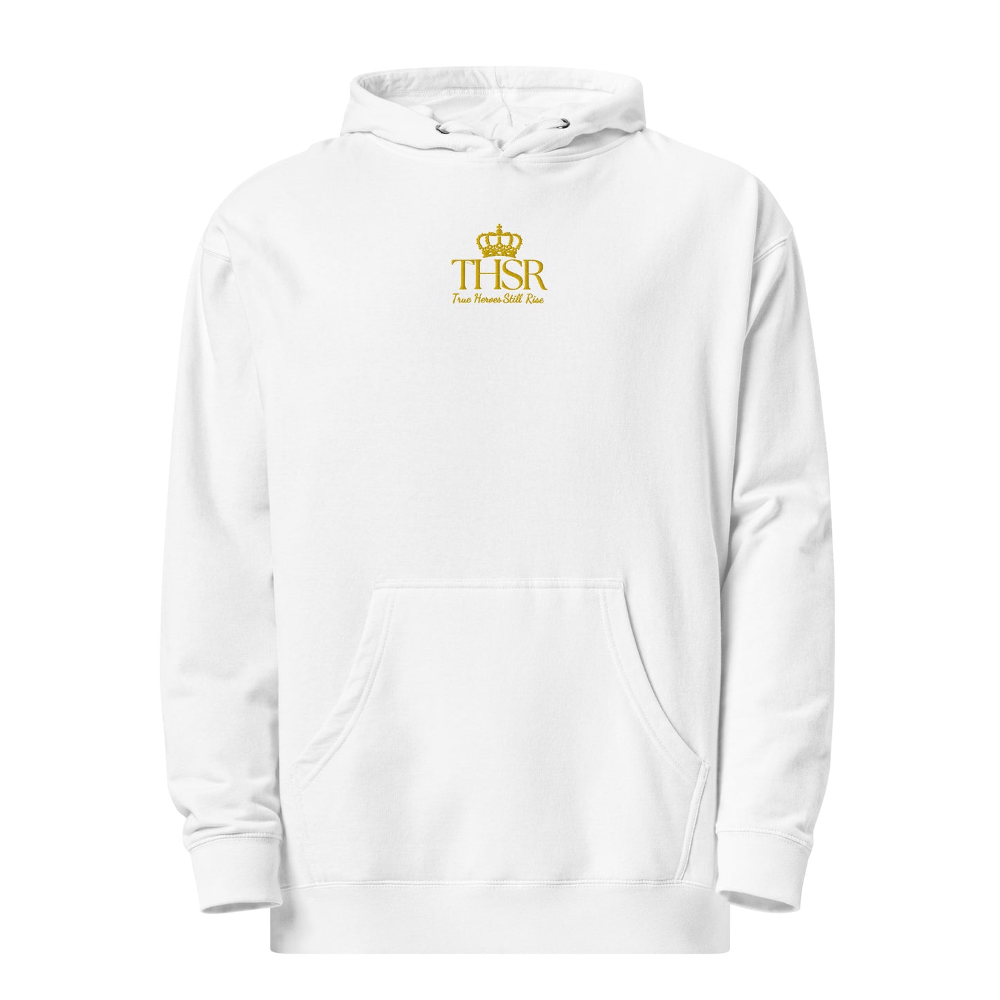 THSR Adult Pullover Hoodie with Center-Chest Logo – Black or White Pullover Hoodies Featuring Gold "THSR True Heroes Still Rise" under a crown Design for Adults