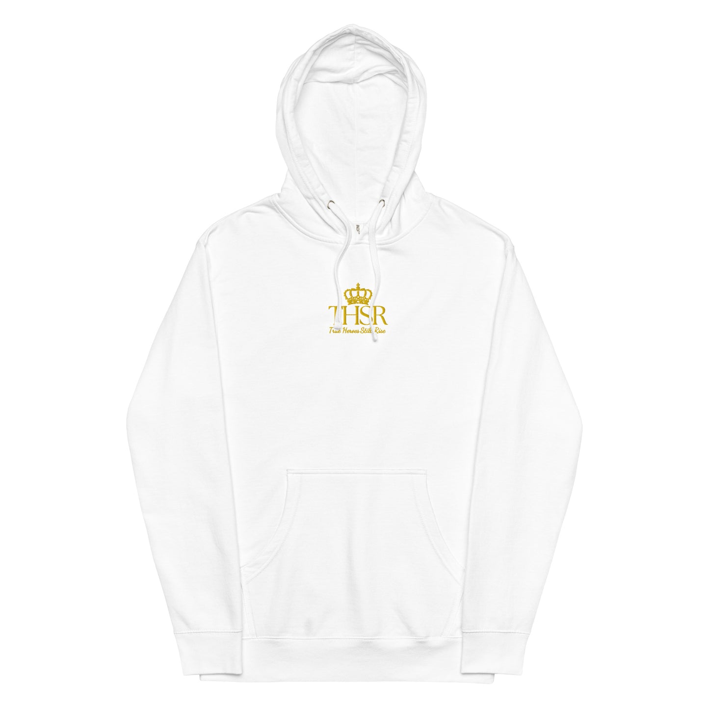 THSR Adult Pullover Hoodie with Center-Chest Logo – Black or White Pullover Hoodies Featuring Gold "THSR True Heroes Still Rise" under a crown Design for Adults