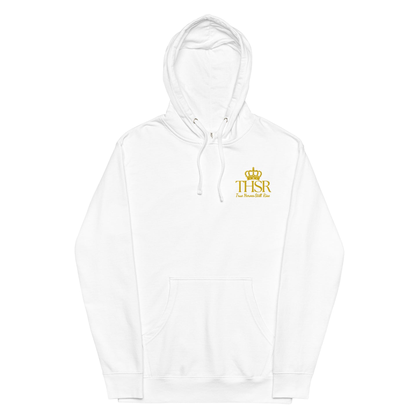 THSR Adult Pullover Hoodie with Left-Chest Logo – Black or White Pullover Hoodies Featuring Gold "THSR True Heroes Still Rise" under a crown Design for Adults