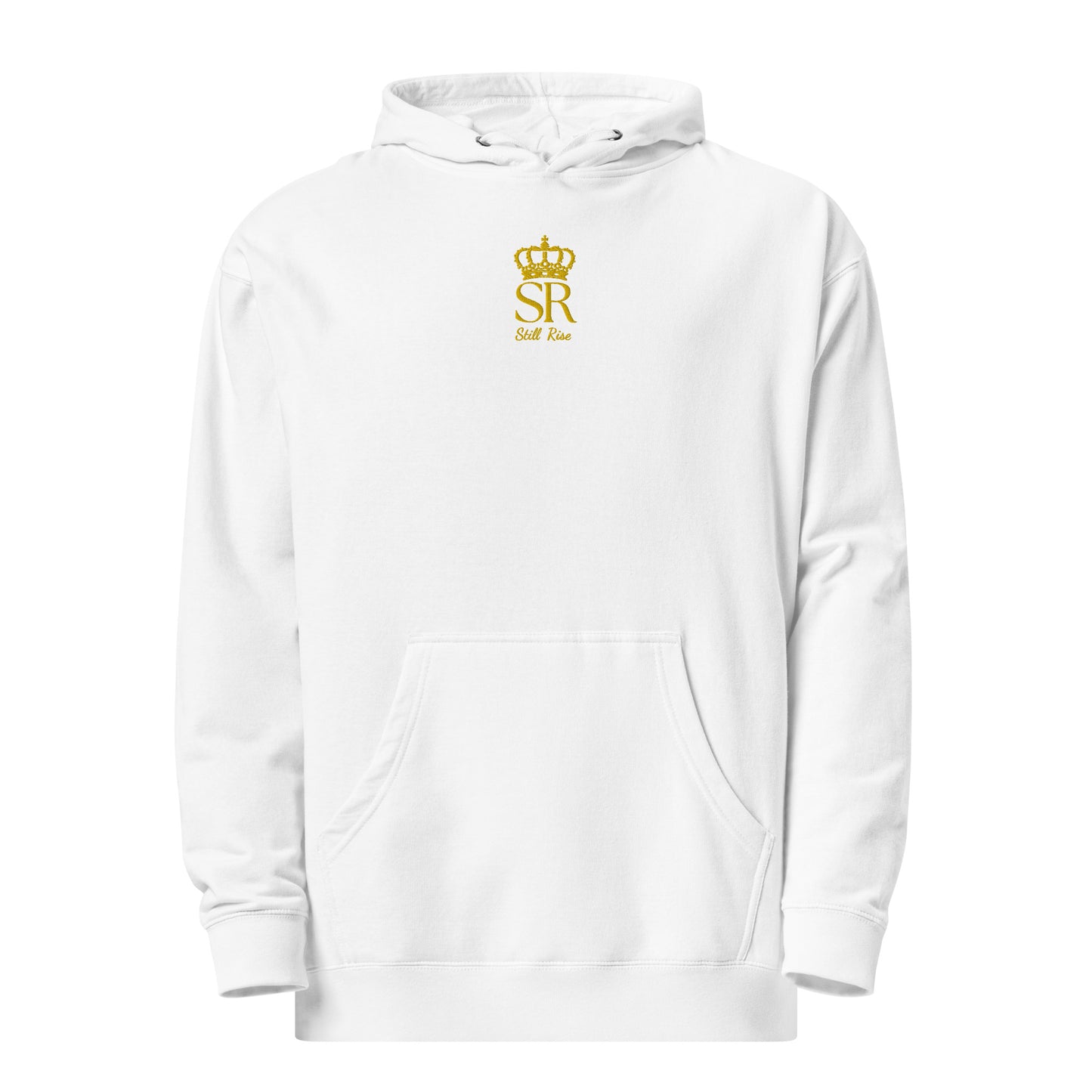 THSR Adult Pullover Hoodie with Center-Chest Logo – Black or White Pullover Hoodies Featuring Gold THSR "SR Still Rise" under a crown Design for Adults