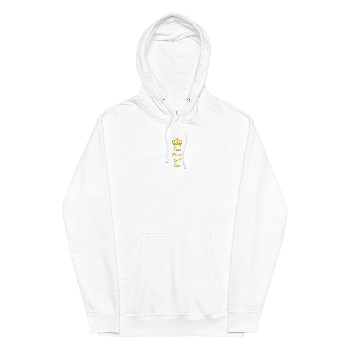 THSR Adult Pullover Hoodie with Center-Chest Logo – Black or White Pullover Hoodies Featuring Gold "True Heroes Still Rise" under a crown Design for Adults