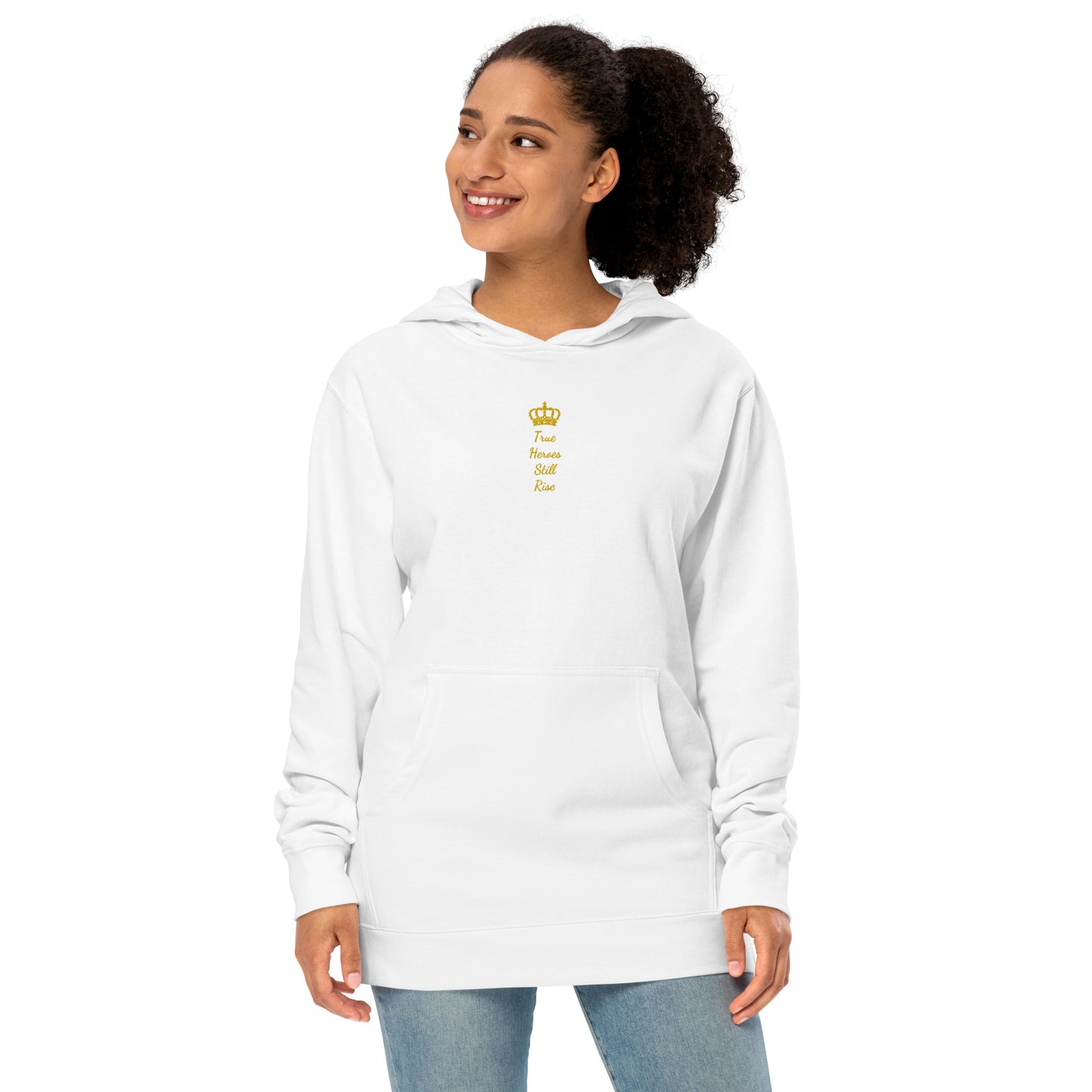 THSR Adult Pullover Hoodie with Center-Chest Logo – Black or White Pullover Hoodies Featuring Gold "True Heroes Still Rise" under a crown Design for Adults