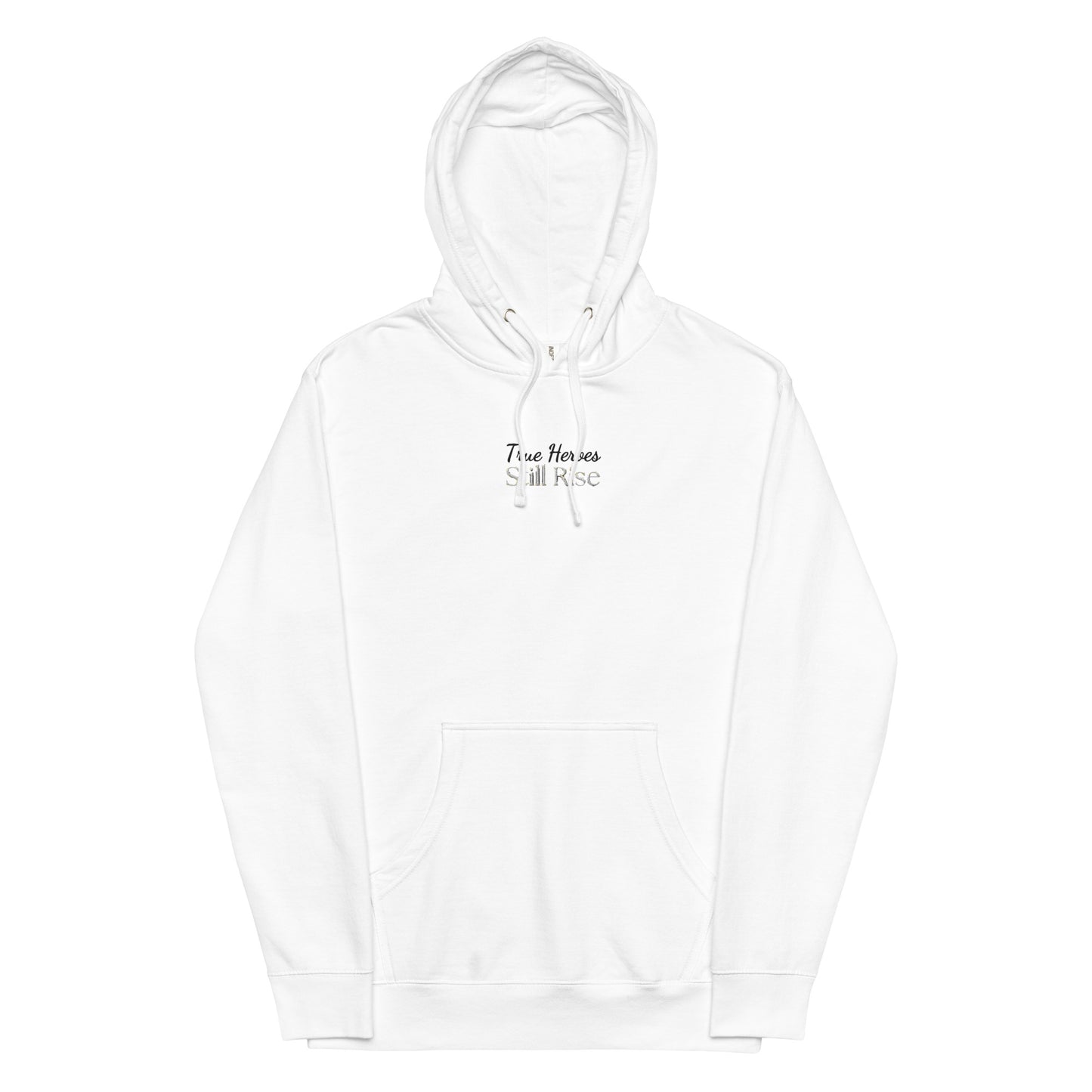 THSR Adult Pullover Hoodie with Center-Chest Logo – White Pullover Hoodies Featuring Bold White and Black "True Heroes Still Rise" Design for Adults