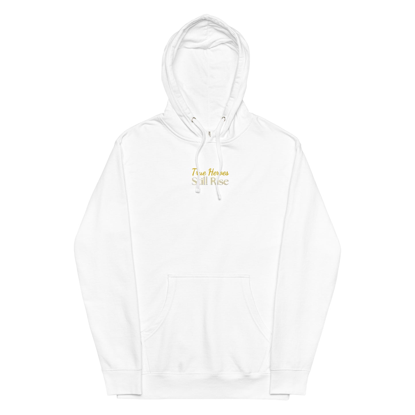 THSR Adult Pullover Hoodie with Center-Chest Logo – Black or White Pullover Hoodies Featuring Bold Gold and White "True Heroes Still Rise" Design for Adults