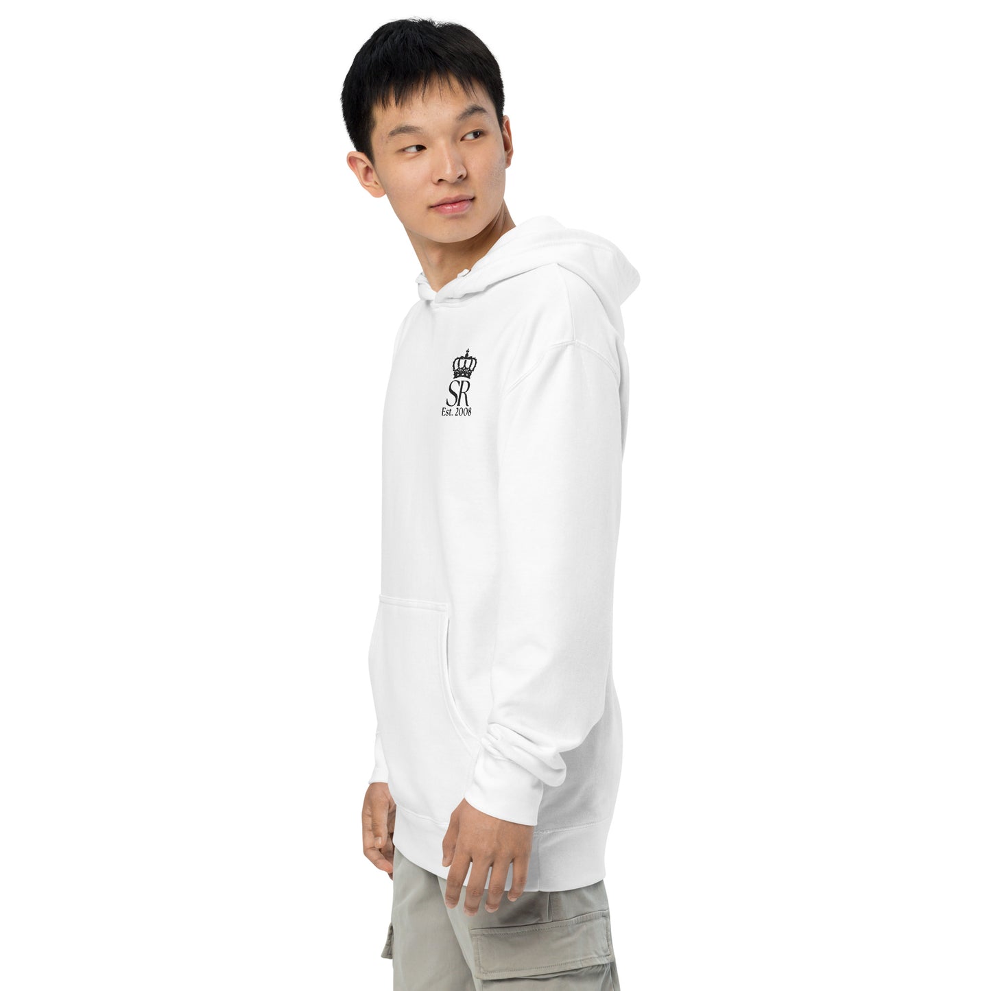 THSR Adult Pullover Hoodie with Left-Chest Logo – White Pullover Hoodies Featuring Black "SR Est. 2008" under a crown Design for Adults