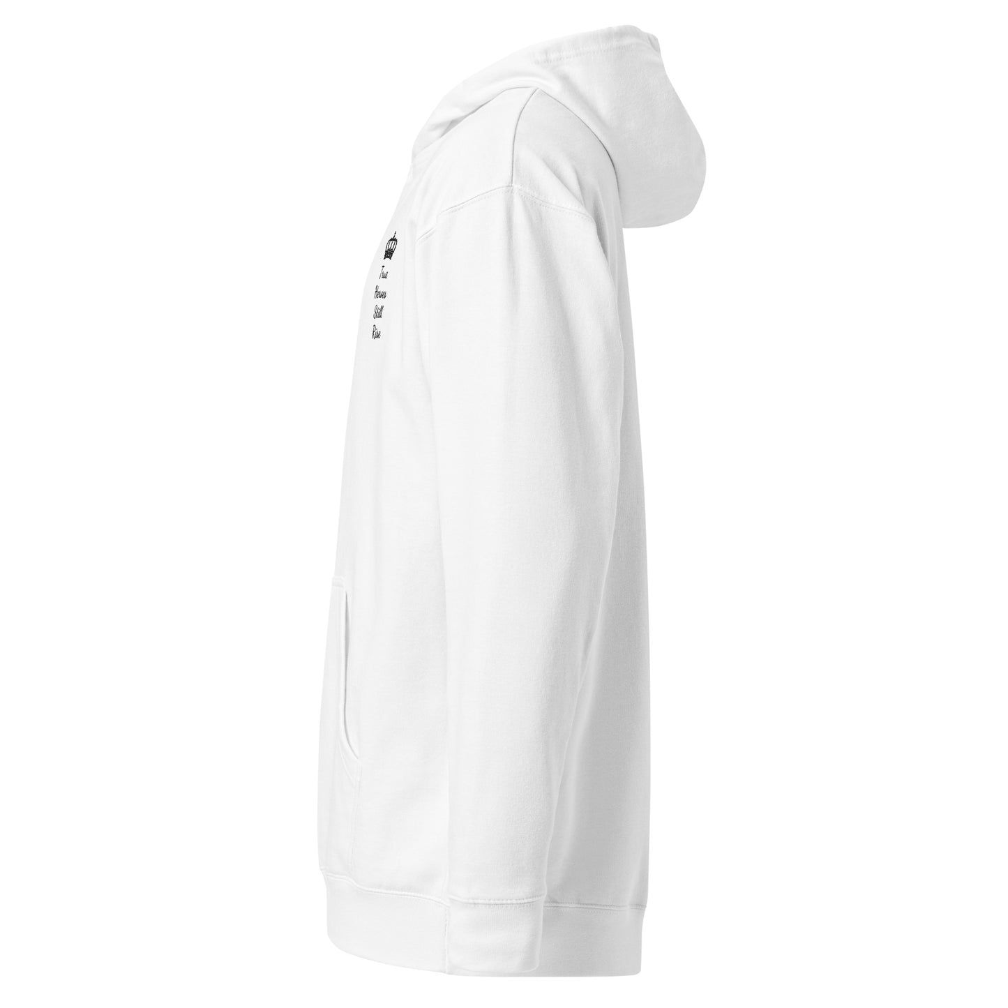 THSR Adult Pullover Hoodie with Left-Chest Logo – White Pullover Hoodies Featuring Black "True Heroes Still Rise" under a crown Design for Adults