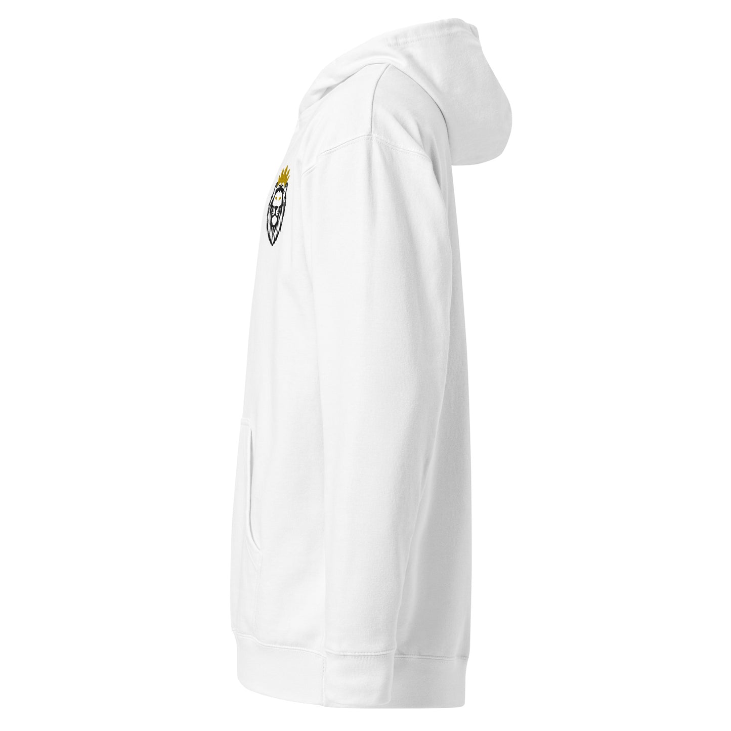 THSR Adult Pullover Hoodie with Left-Chest Logo – White Pullover Hoodies Featuring Black & Gold THSR KING Lion wearing a crown Design for Adults