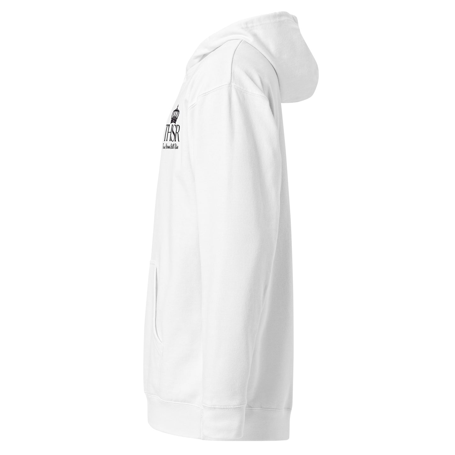 THSR Adult Pullover Hoodie with Left-Chest Logo – White Pullover Hoodies Featuring Black "THSR True Heroes Still Rise" under a crown Design for Adults