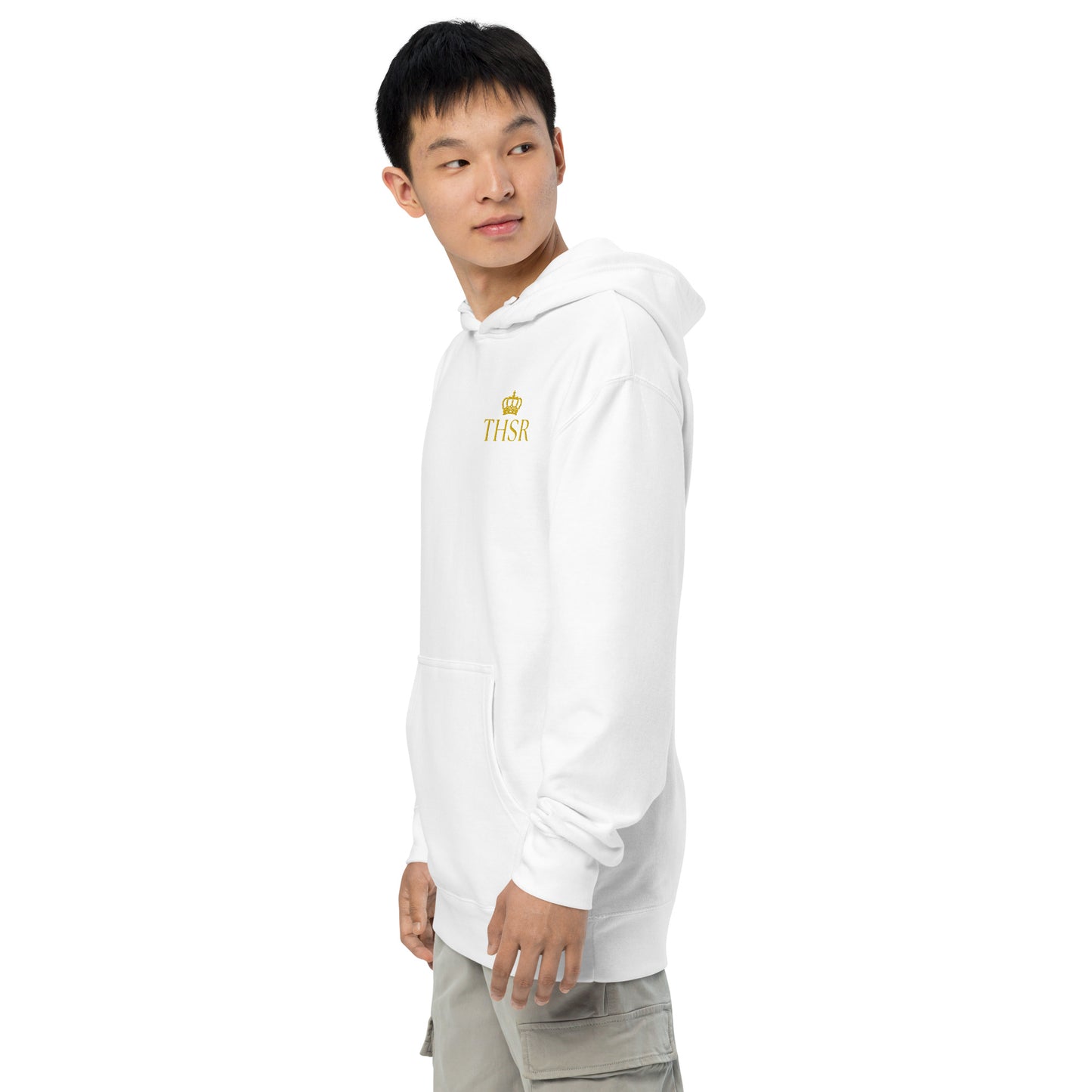 THSR Adult Pullover Hoodie with Left-Chest Logo – Black or White Pullover Hoodies Featuring Gold "THSR" under a crown Design for Adults