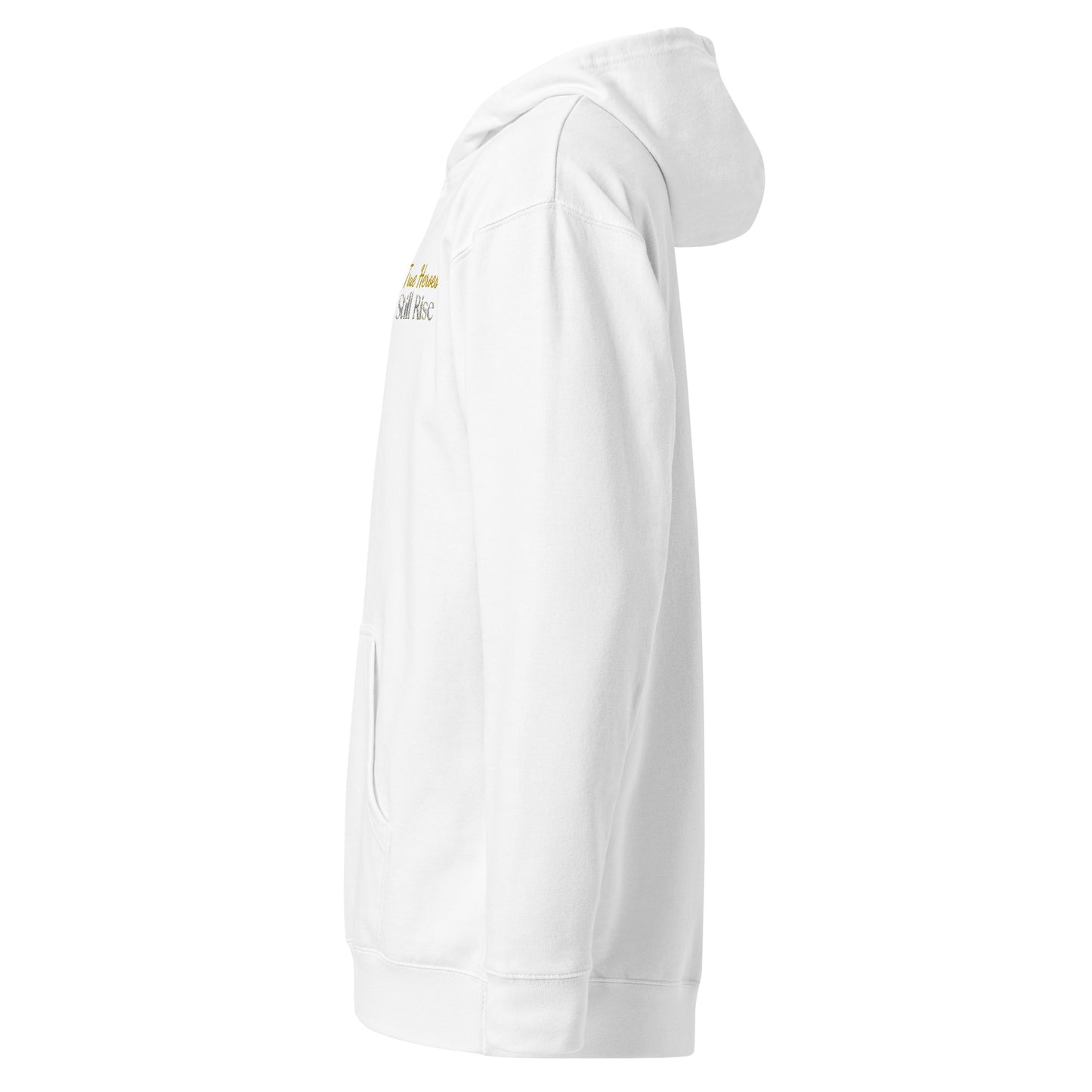 THSR Adult Pullover Hoodie with Left-Chest Logo –White Pullover Hoodies Featuring Bold Gold "True Heroes Still Rise" Design for Adults