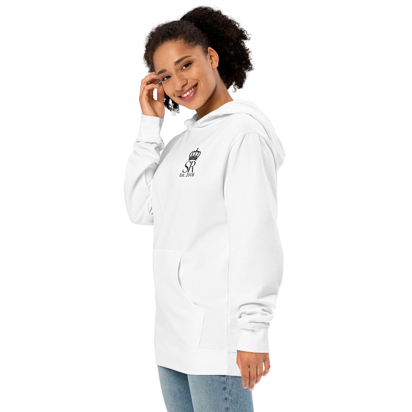 THSR Adult Pullover Hoodie with Left-Chest Logo – White Pullover Hoodies Featuring Black "SR Est. 2008" under a crown Design for Adults