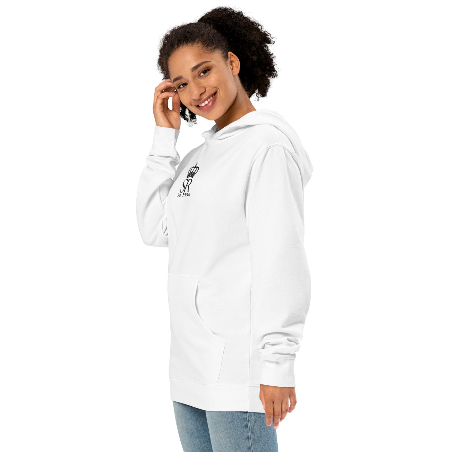 THSR Adult Pullover Hoodie with Center-Chest Logo – White Pullover Hoodies Featuring Black "SR Est. 2008" under a crown Design for Adults