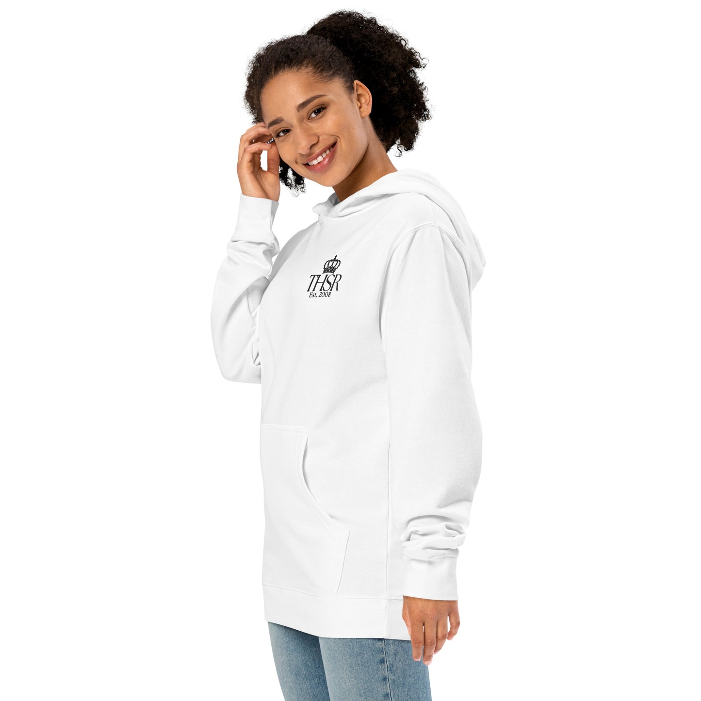 THSR Adult Pullover Hoodie with Left-Chest Logo – White Pullover Hoodies Featuring Black "THSR Est. 2008" under a crown Design for Adults