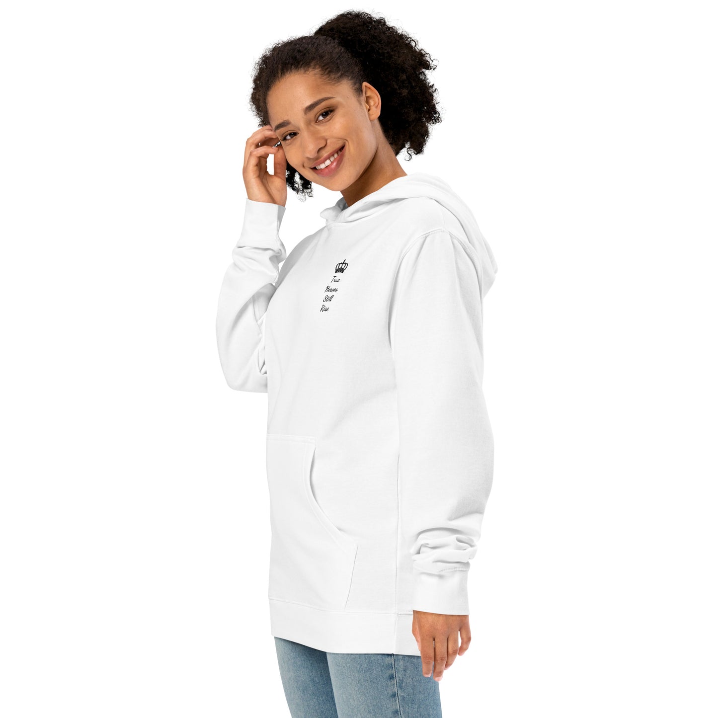 THSR Adult Pullover Hoodie with Left-Chest Logo – White Pullover Hoodies Featuring Black "True Heroes Still Rise" under a crown Design for Adults