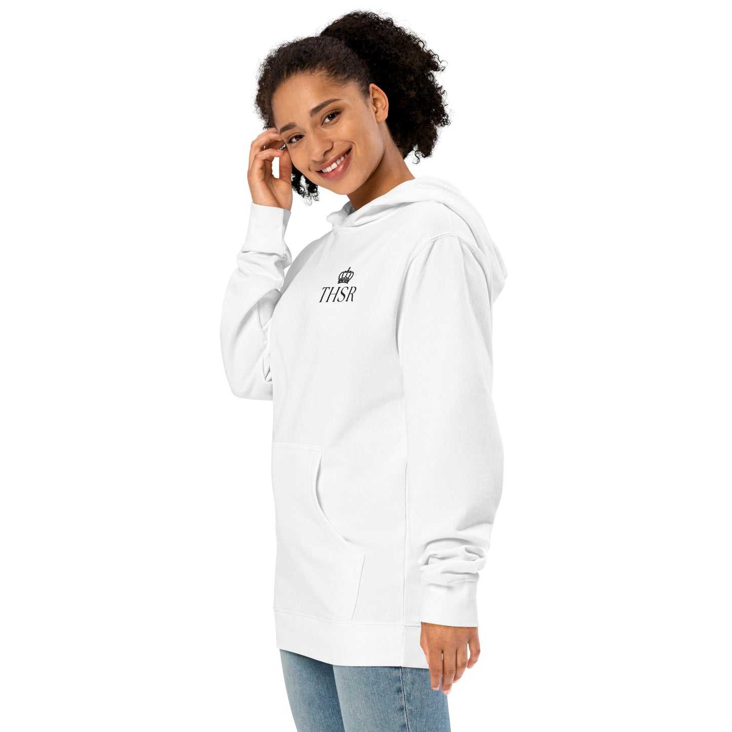 THSR Adult Pullover Hoodie with Left-Chest Logo – White Pullover Hoodies Featuring Black "THSR" under a crown Design for Adults