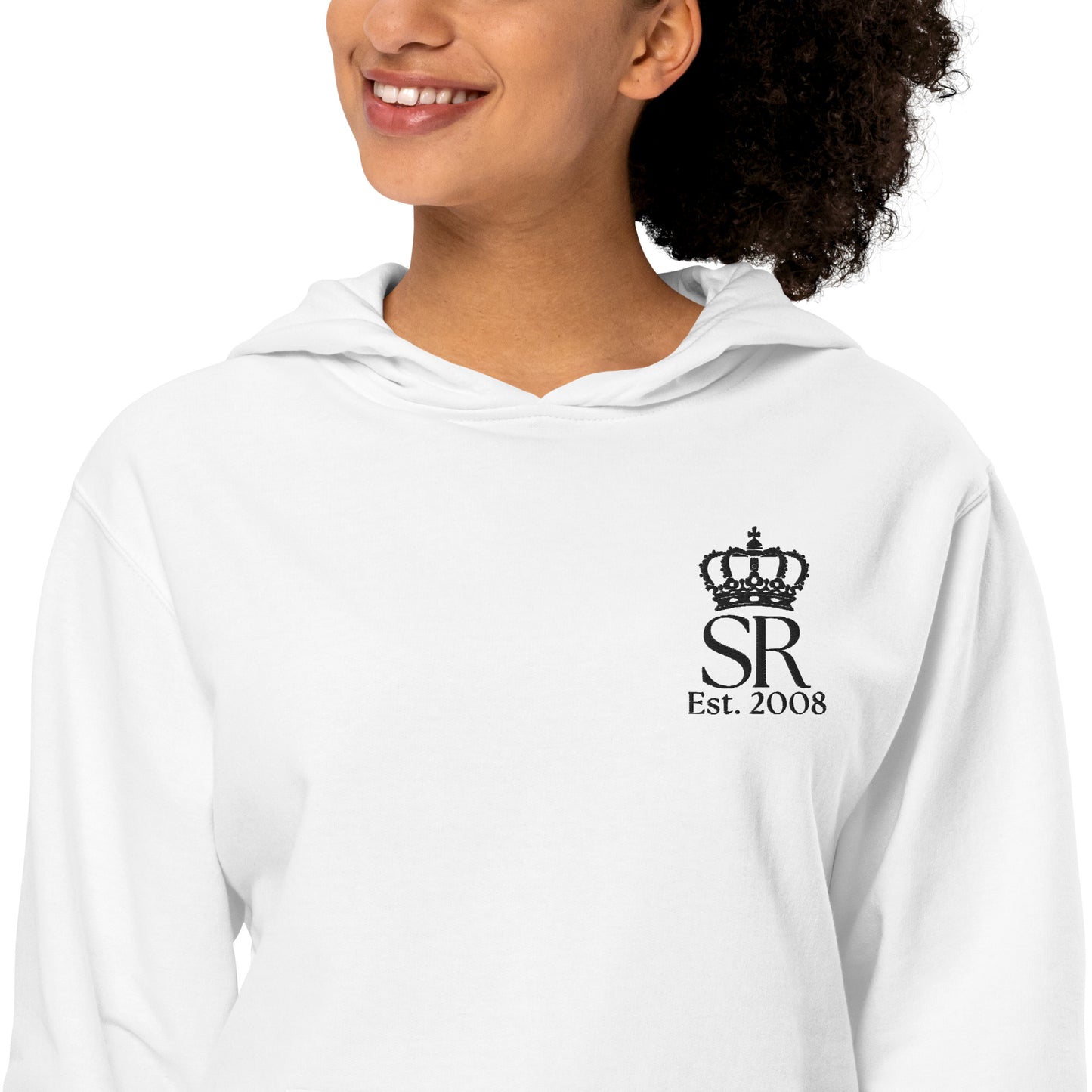 THSR Adult Pullover Hoodie with Left-Chest Logo – White Pullover Hoodies Featuring Black "SR Est. 2008" under a crown Design for Adults