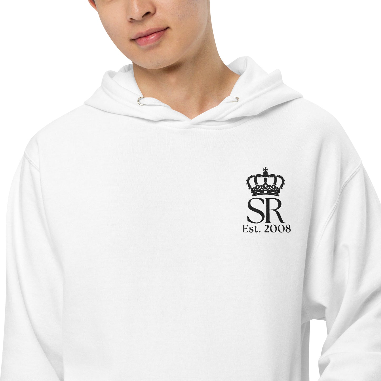 THSR Adult Pullover Hoodie with Left-Chest Logo – White Pullover Hoodies Featuring Black "SR Est. 2008" under a crown Design for Adults