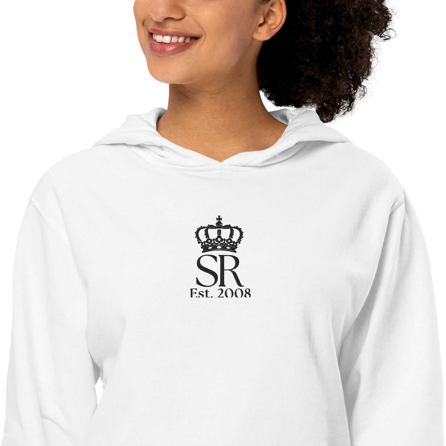 THSR Adult Pullover Hoodie with Center-Chest Logo – White Pullover Hoodies Featuring Black "SR Est. 2008" under a crown Design for Adults