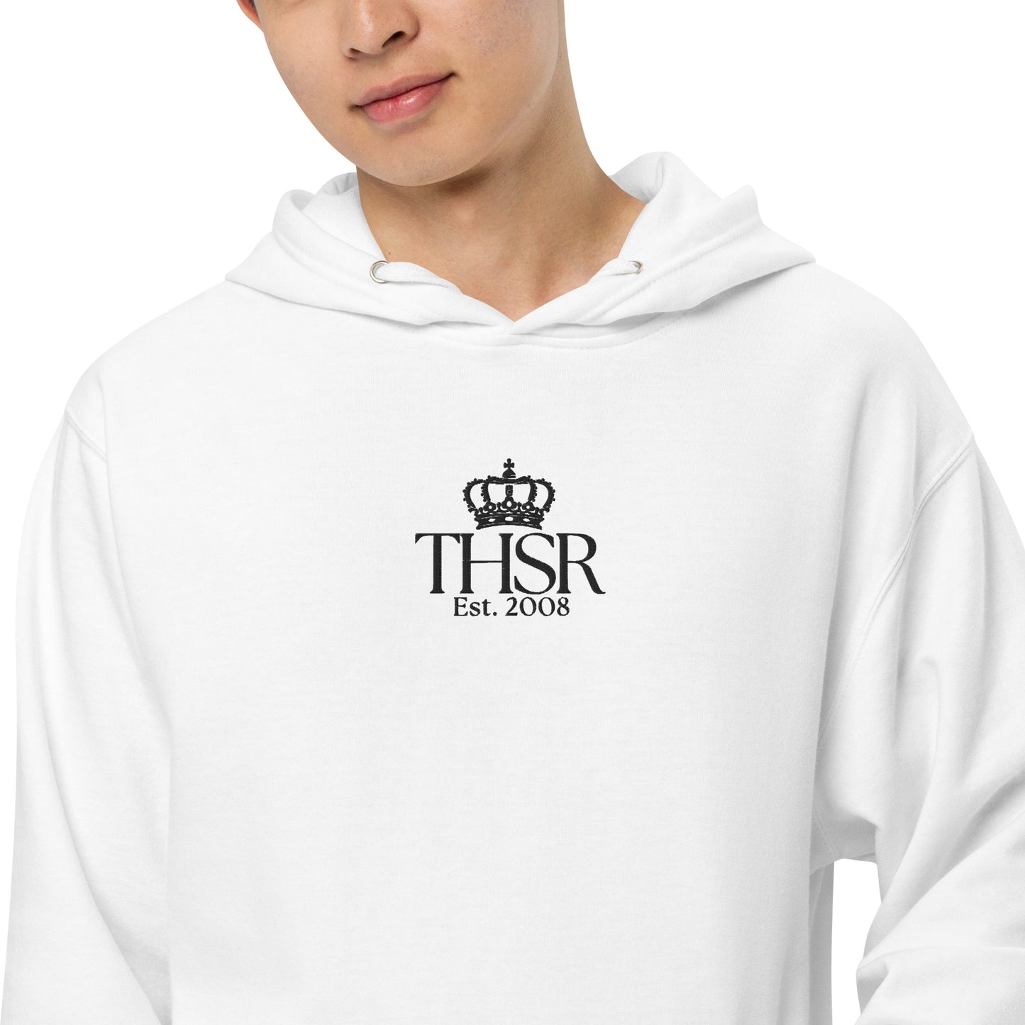 THSR Adult Pullover Hoodie with Center-Chest Logo – White Pullover Hoodies Featuring Black "THSR Est. 2008" under a crown Design for Adults