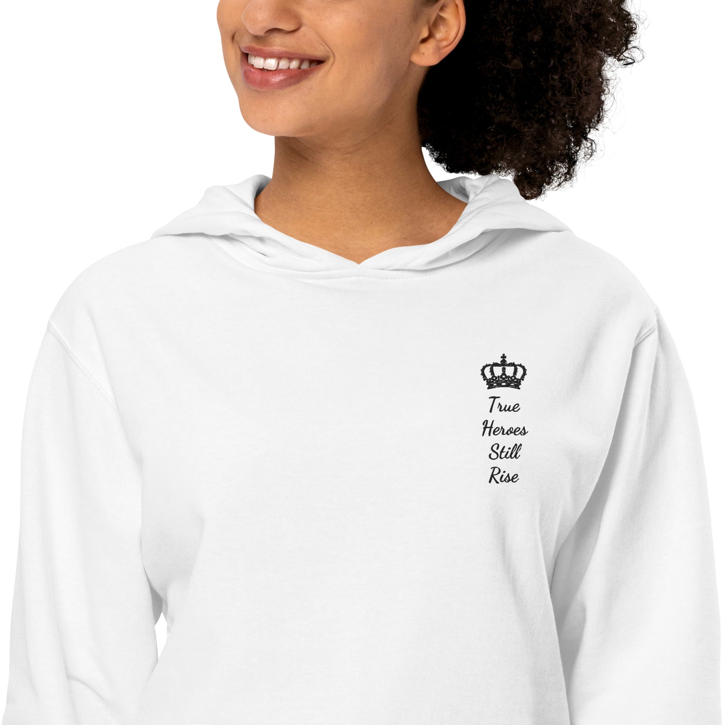 THSR Adult Pullover Hoodie with Left-Chest Logo – White Pullover Hoodies Featuring Black "True Heroes Still Rise" under a crown Design for Adults