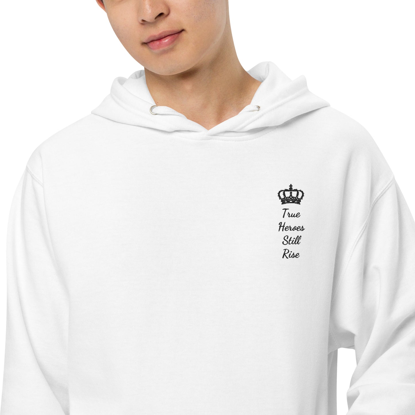 THSR Adult Pullover Hoodie with Left-Chest Logo – White Pullover Hoodies Featuring Black "True Heroes Still Rise" under a crown Design for Adults