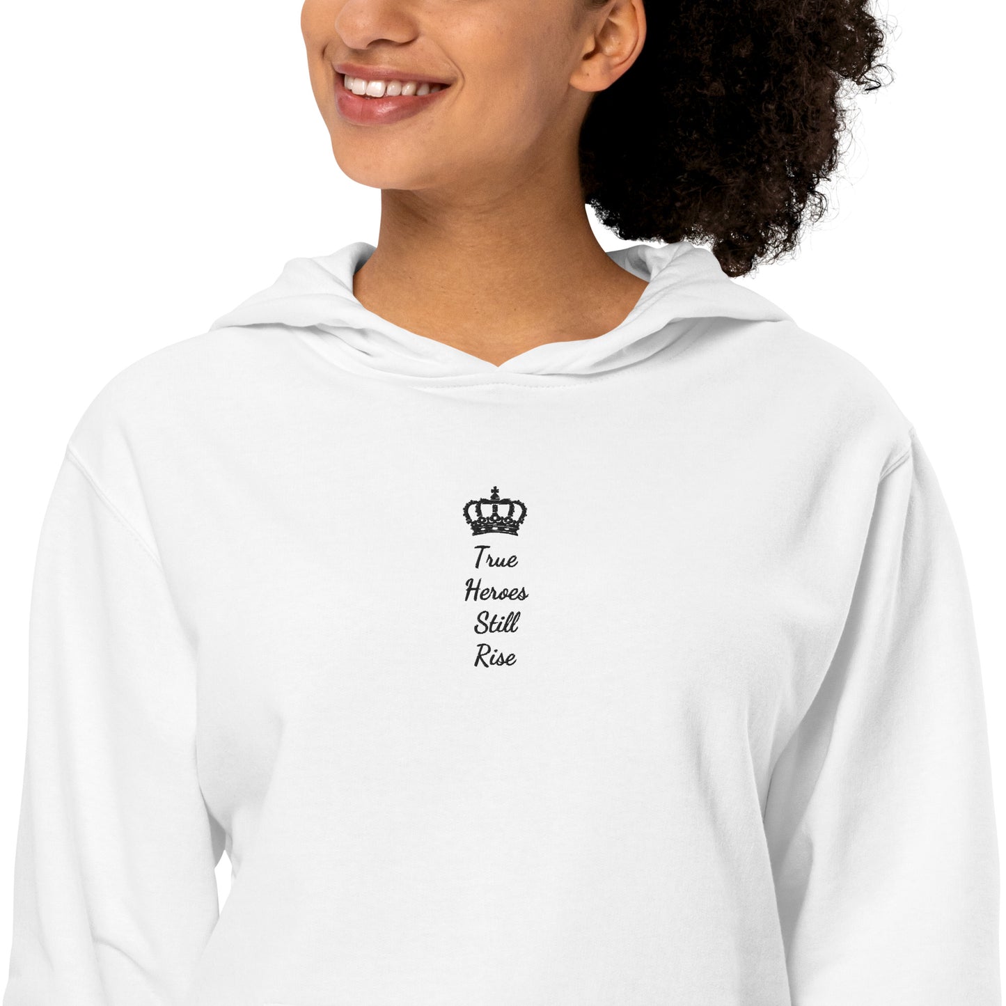 THSR Adult Pullover Hoodie with Center-Chest Logo – White Pullover Hoodies Featuring Black "True Heroes Still Rise" under a crown Design for Adults