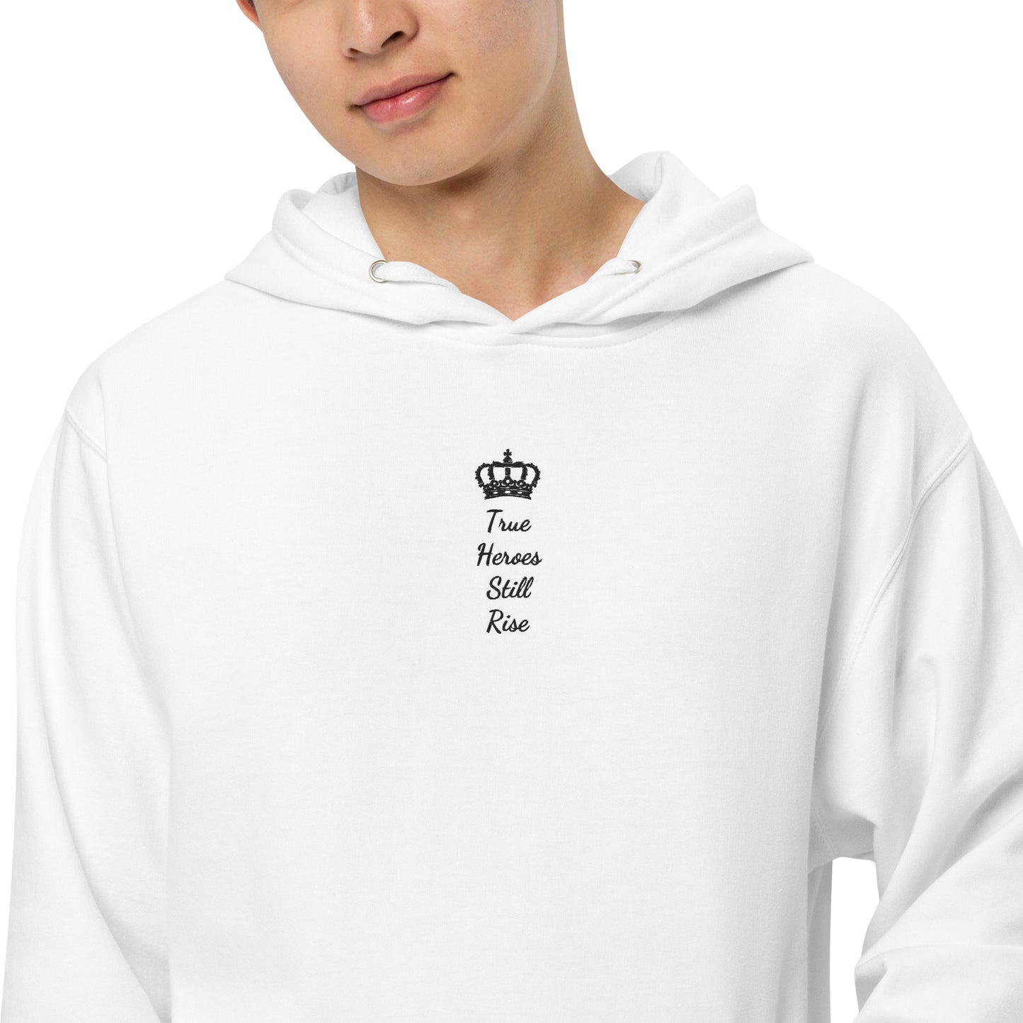 THSR Adult Pullover Hoodie with Center-Chest Logo – White Pullover Hoodies Featuring Black "True Heroes Still Rise" under a crown Design for Adults